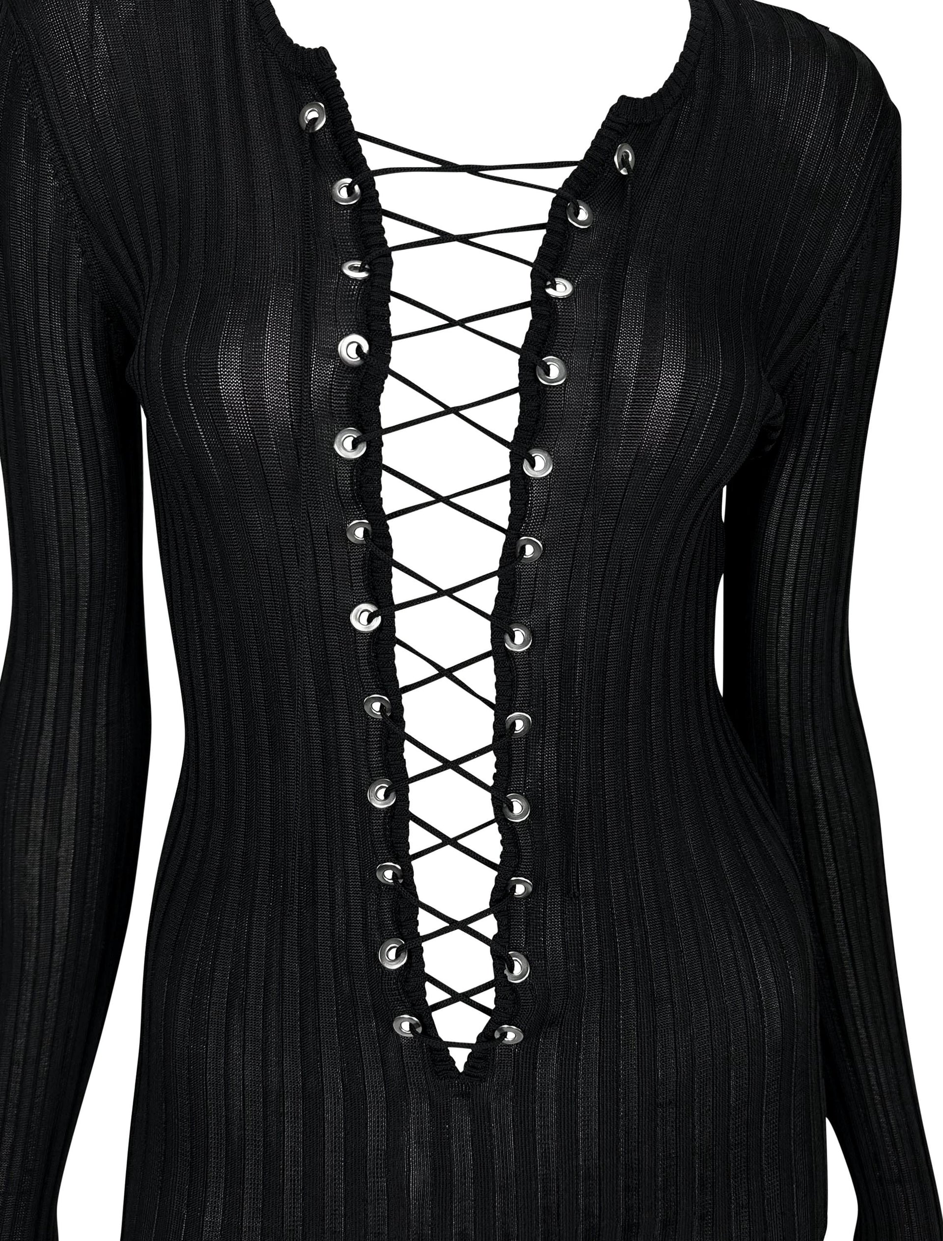 2000s Dolce & Gabbana Plunging Lace-Up Sheer Ribbed Black Long Sleeve Shirt