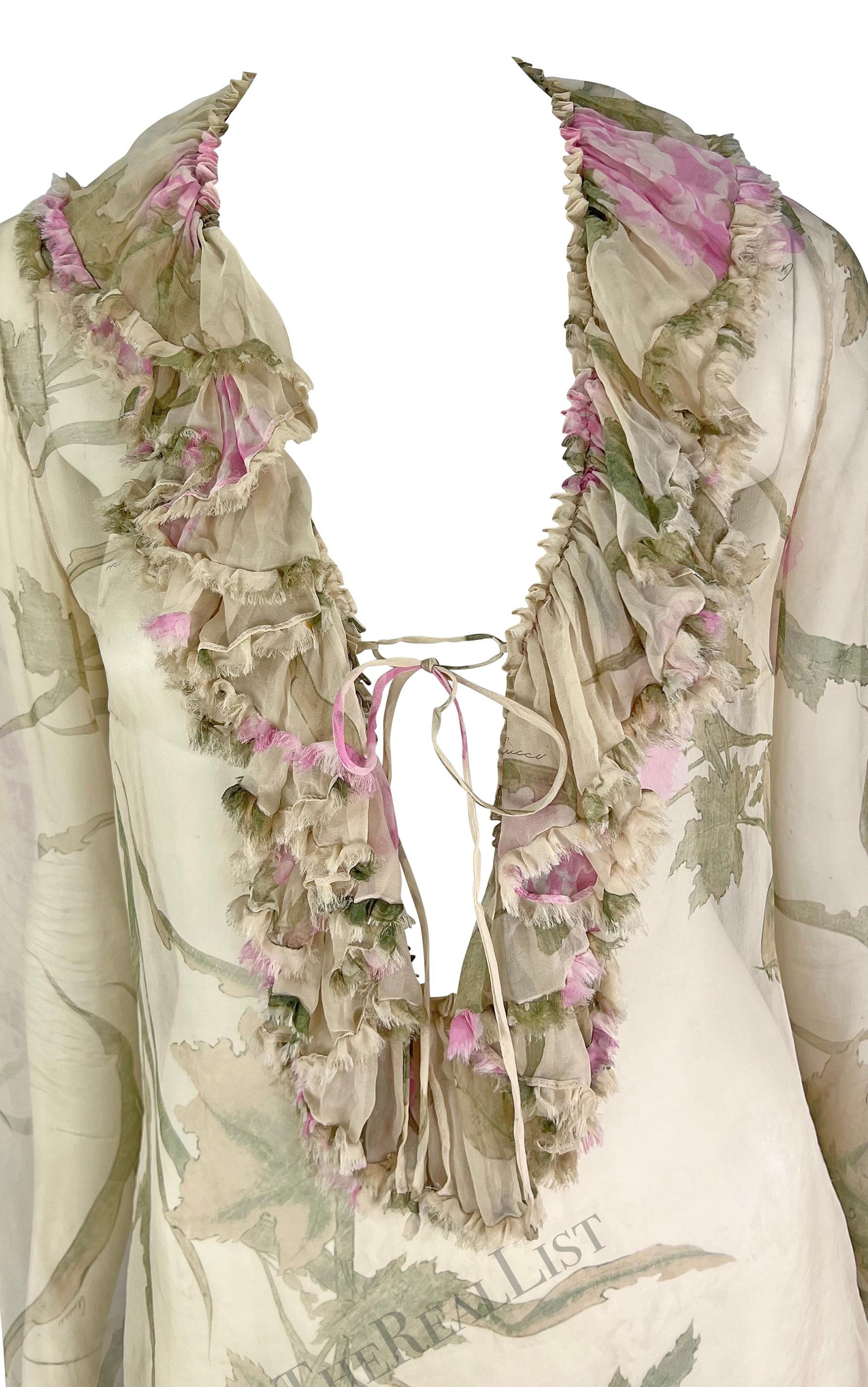 S/S 2003 Gucci by Tom Ford Tan Sheer Floral Ruffle Plunging Blouse