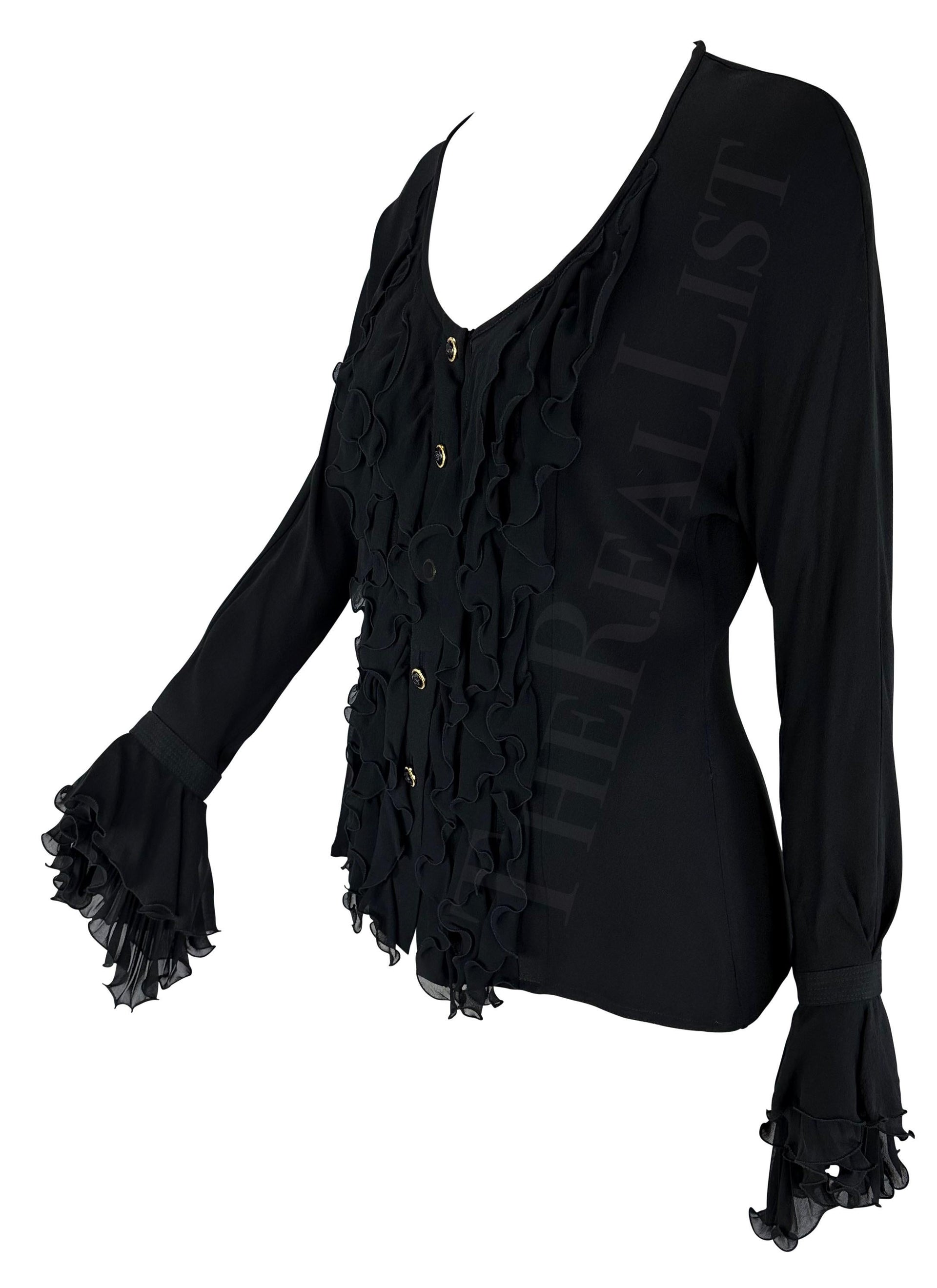 S/S 1993 Gianni Versace Black Bohemian Ruffle Runway Button Up Top