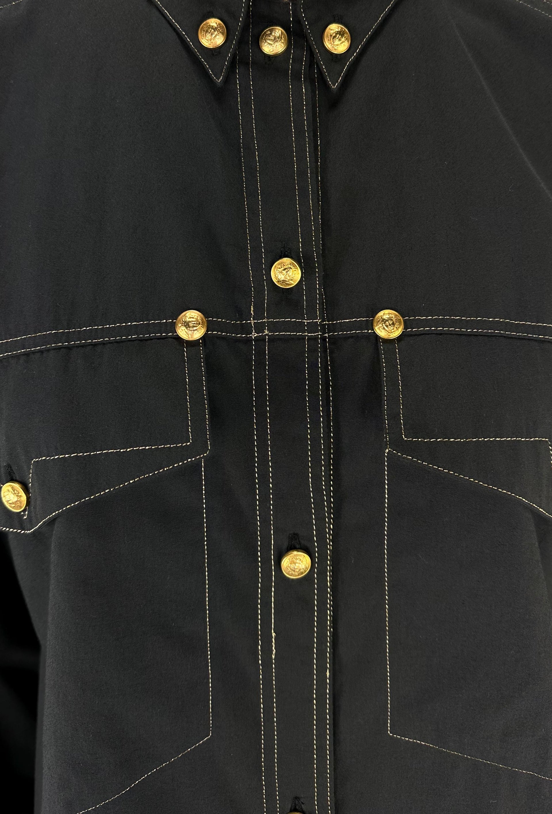 F/W 1992 Gianni Versace Gold Medusa Logo Black Western Style Button Up Shirt