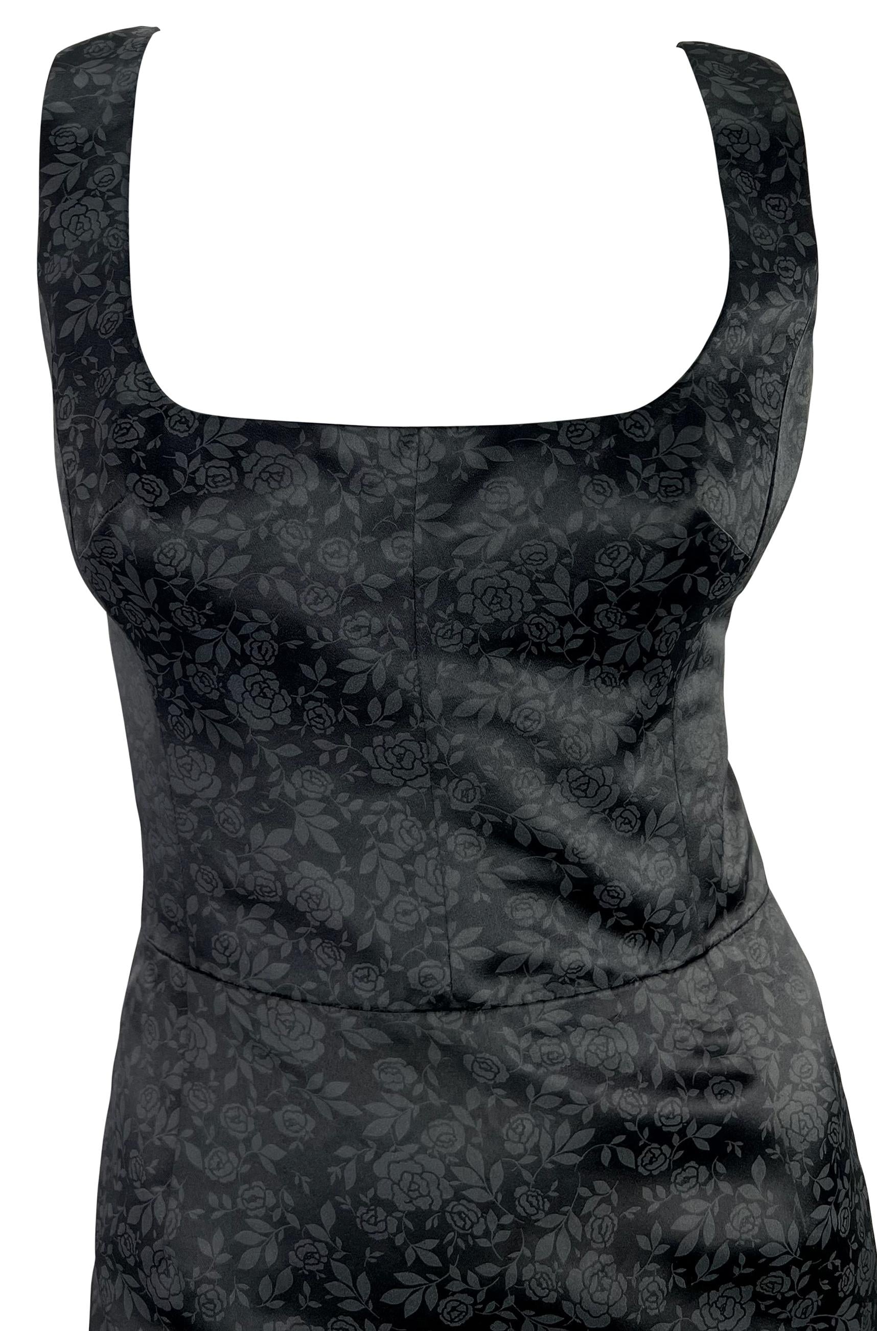 F/W 1996 Dolce & Gabbana Black Satin Charcoal Rose Print Sleeveless Mini Dress