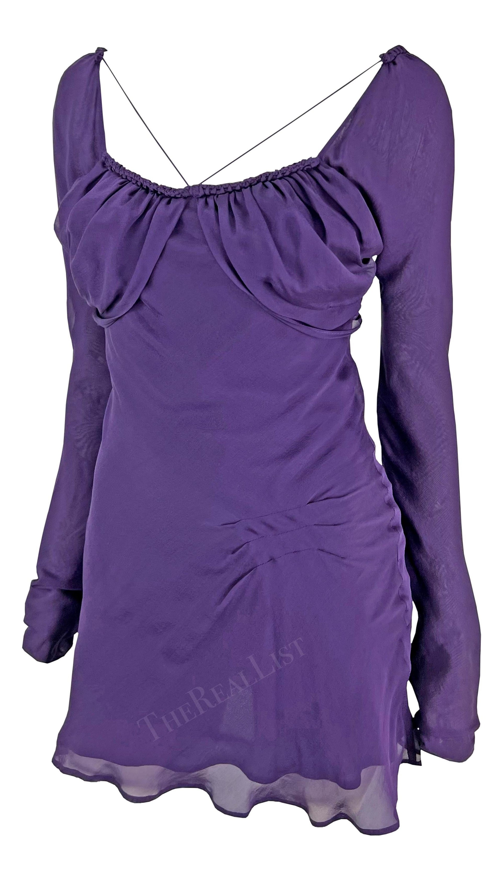 S/S 2003 Gucci by Tom Ford Deep Purple Long Sleeve Silk Chiffon Mini Dress