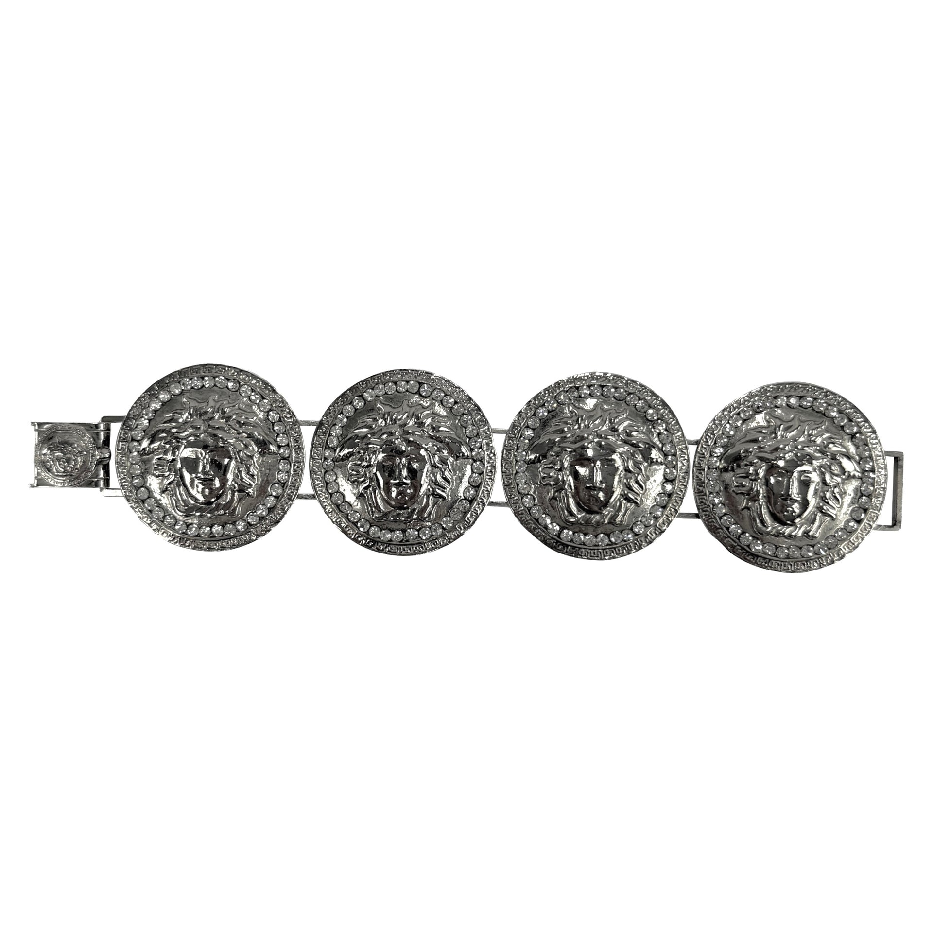 1990s Gianni Versace Rhinestone Medusa Medallion Silvertone Bracelet