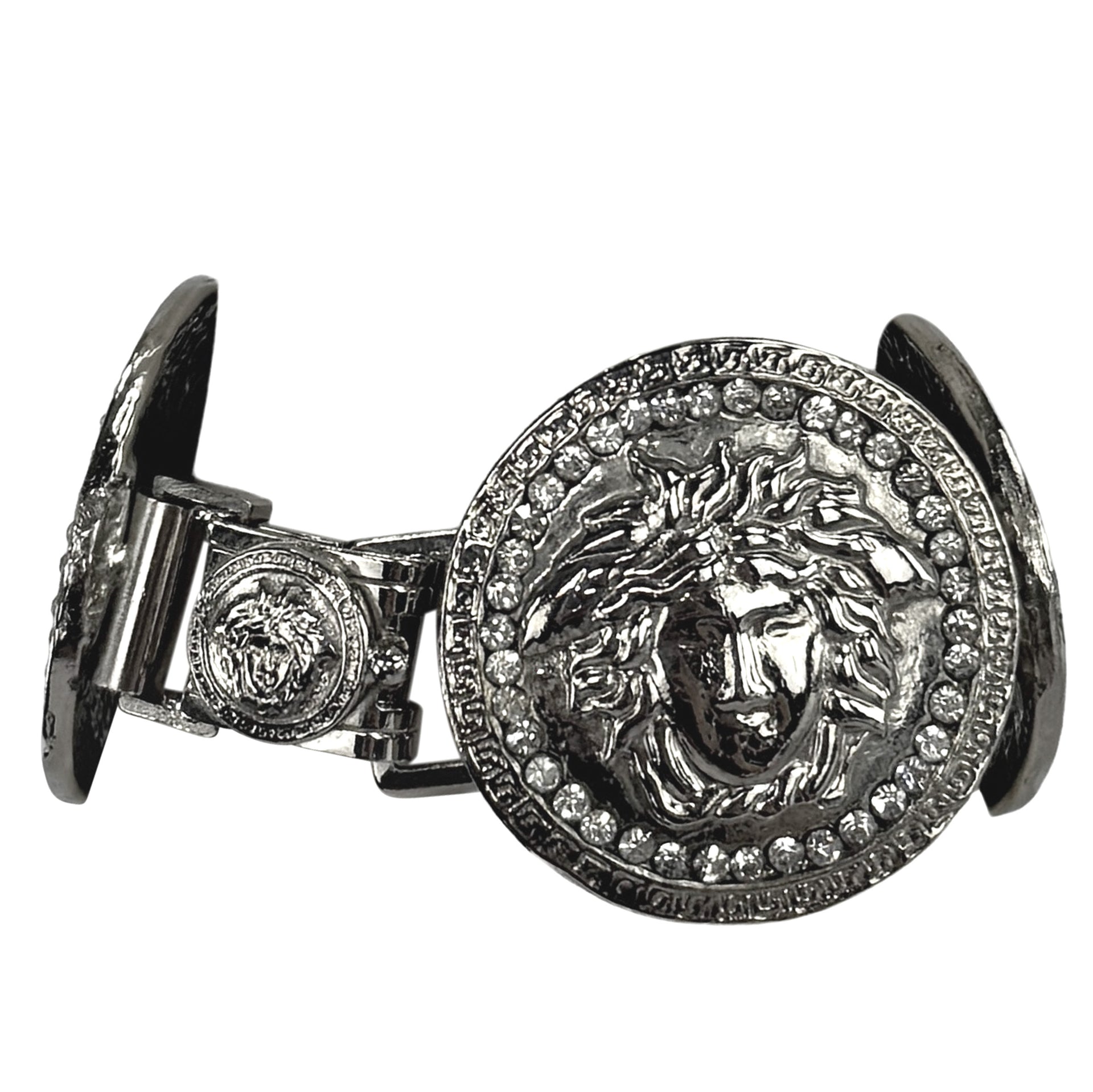 1990s Gianni Versace Rhinestone Medusa Medallion Silvertone Bracelet