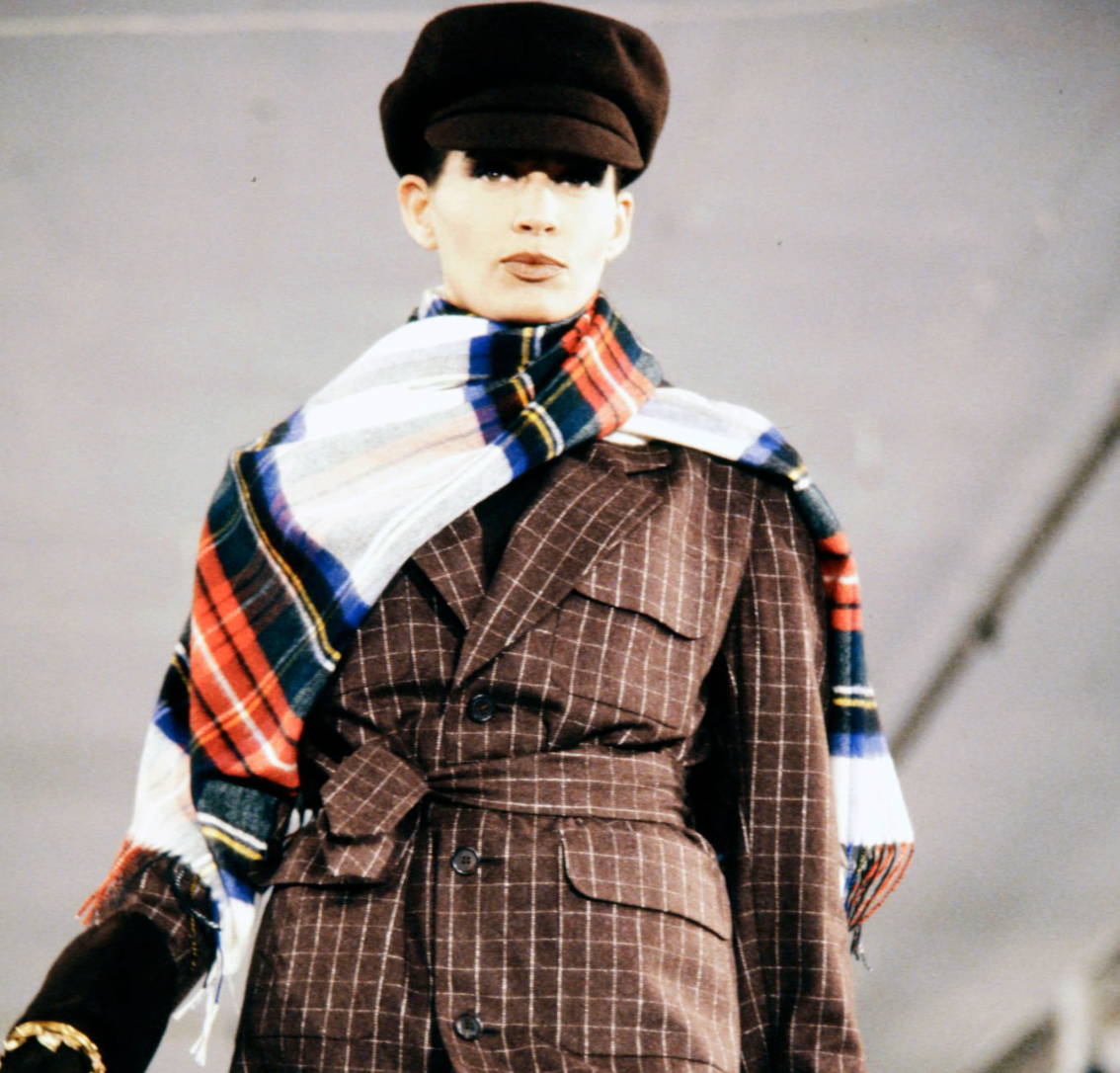 F/W 1991 Isaac Mizrahi Runway Brown Window Pane Blazer Mini Blazer Coat Dress