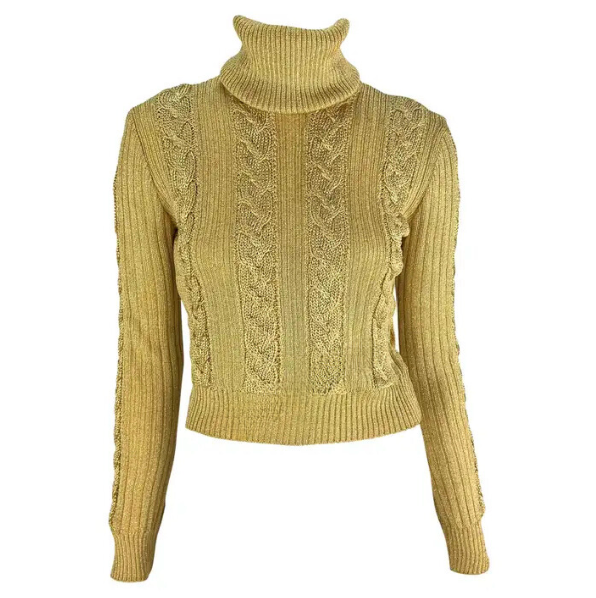 F/W 1994 Gianni Versace Ad Runway Gold Metallic Cable Knit Turtleneck Sweater