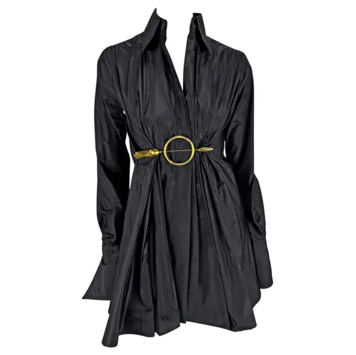 2000s Gianfranco Ferre Black Silk Gold Metal Accent Silk Collared Shirt