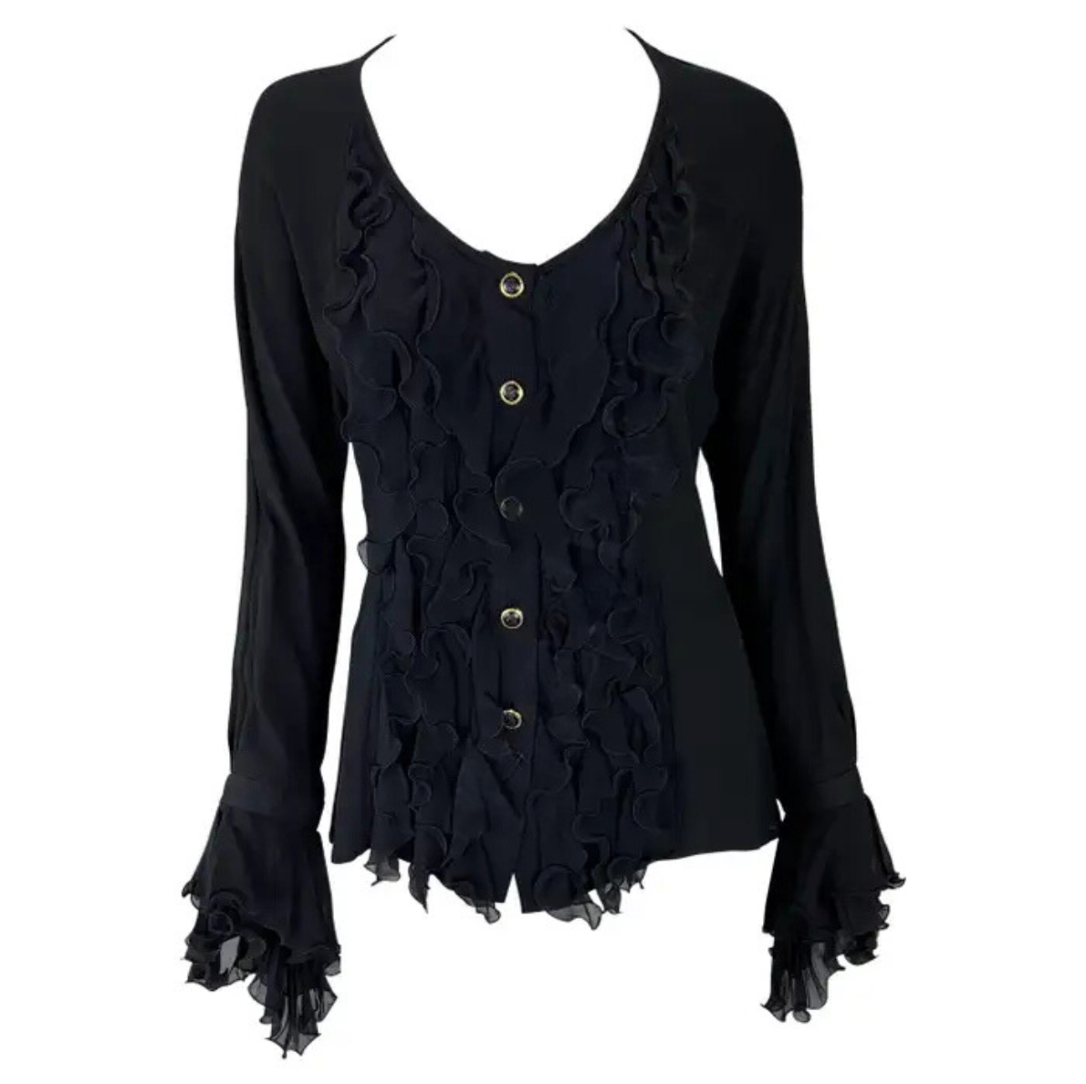 S/S 1993 Gianni Versace Black Bohemian Ruffle Runway Button Up Top