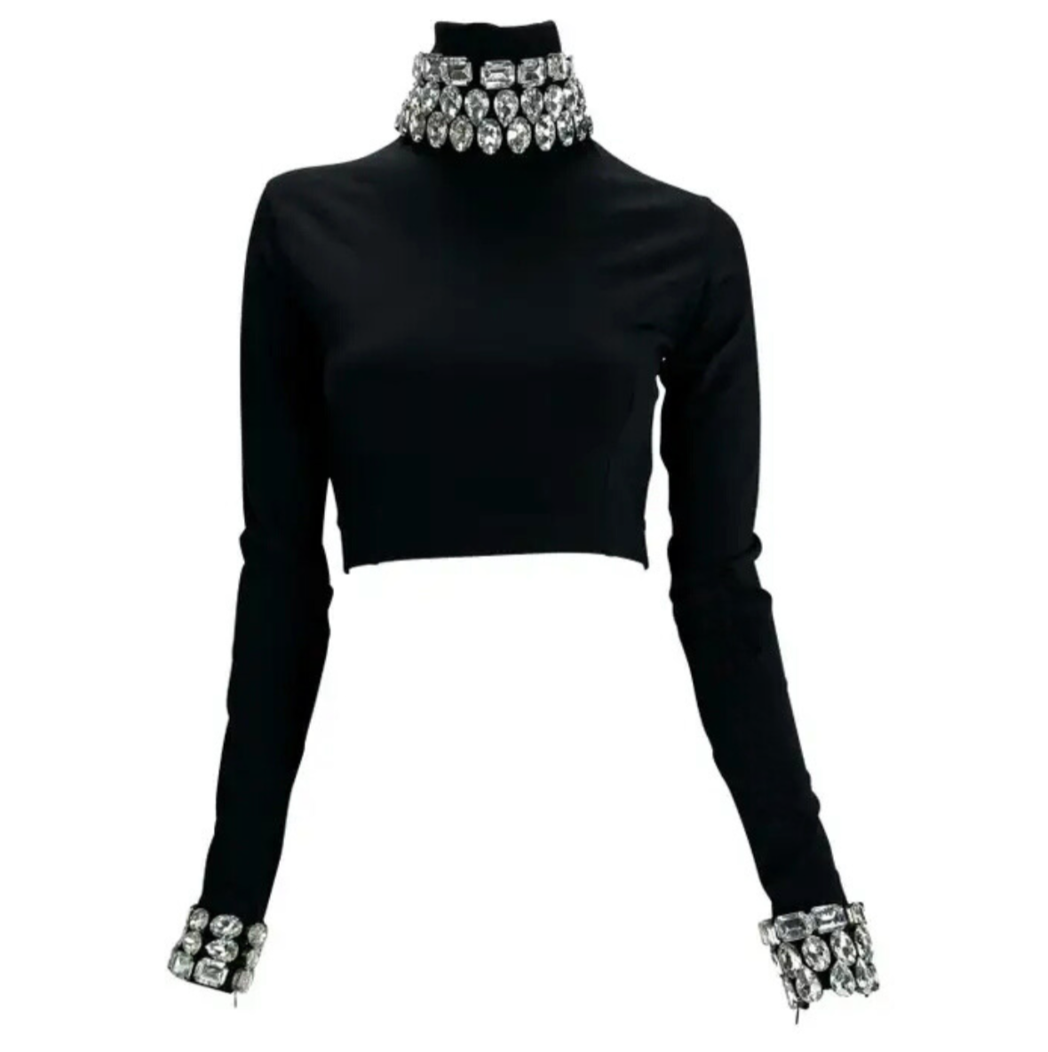 F/W 1991 Dolce & Gabbana Crystal Rhinestone Accented Black Cropped Turtleneck