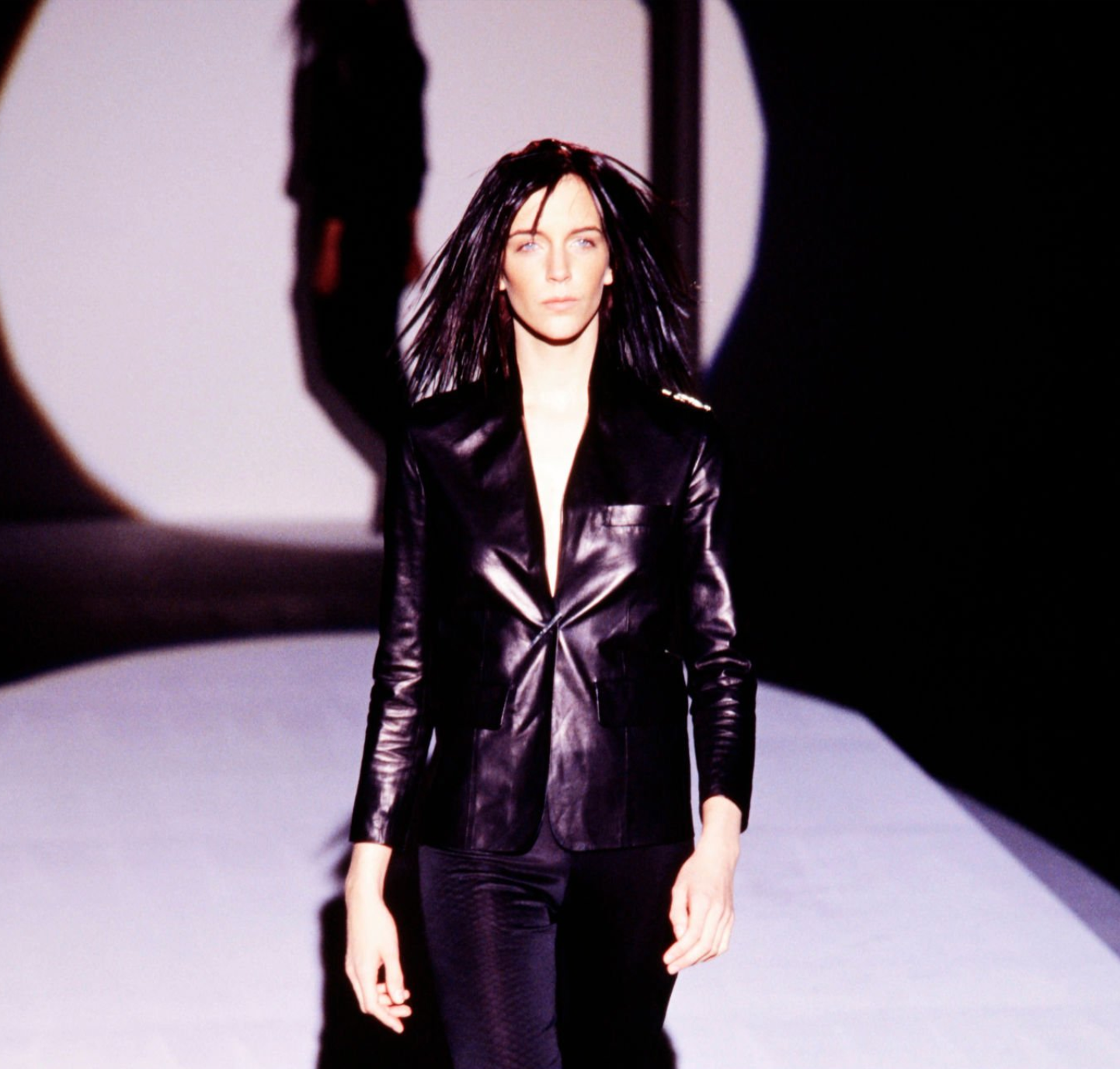 S/S 2000 Gucci by Tom Ford Runway Rhinestone Pin Black Leather Blazer Jacket