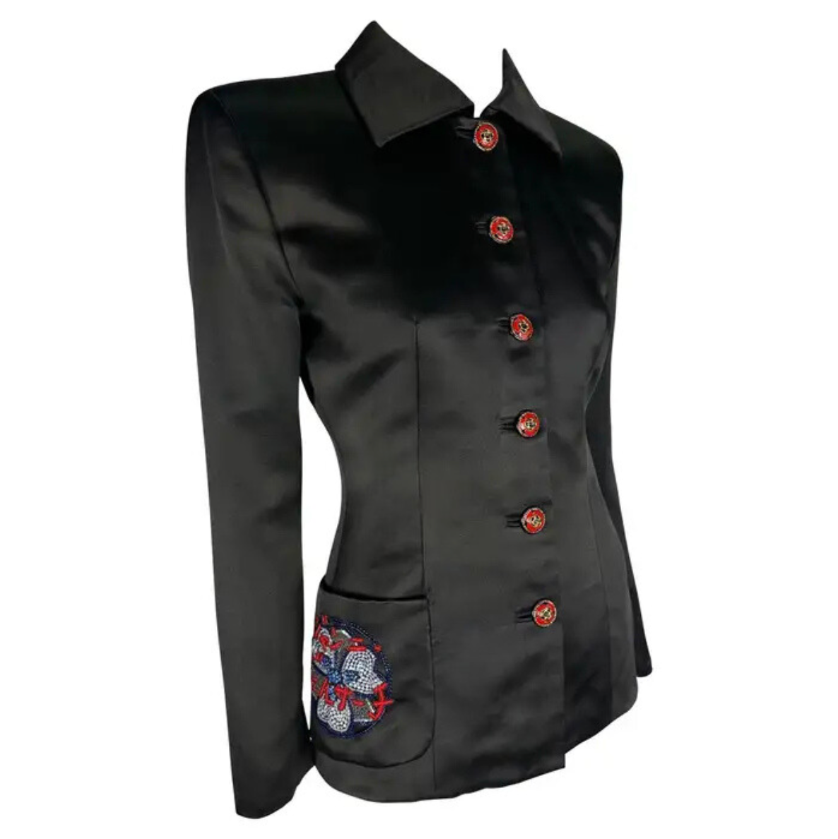 F/W 1997 Atelier Versace Haute Couture Rhinestone Logo Beaded Satin Poppy Jacket
