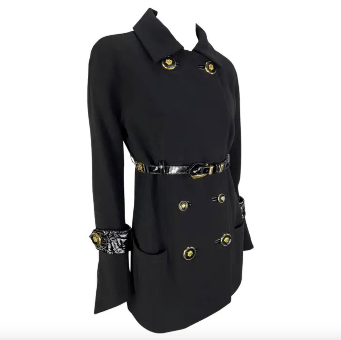 F/W 1994 Gianni Versace Black Patent Leather Belt Gold Medusa Jacket