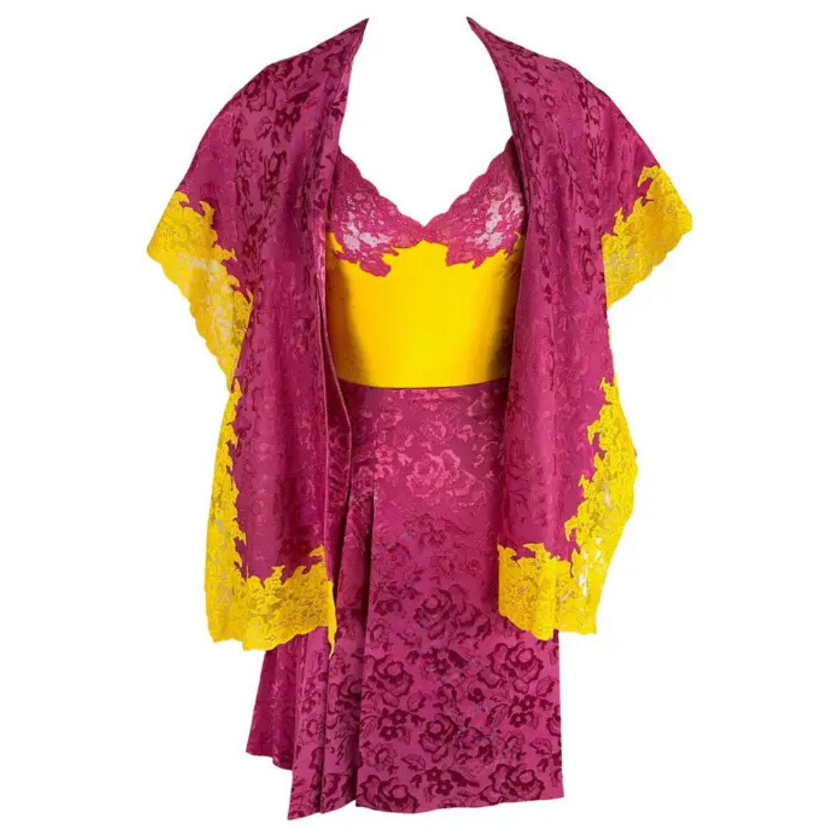 F/W 1998 Christian Dior by John Galliano Pink Yellow Lace 3-Piece Skirt Suit