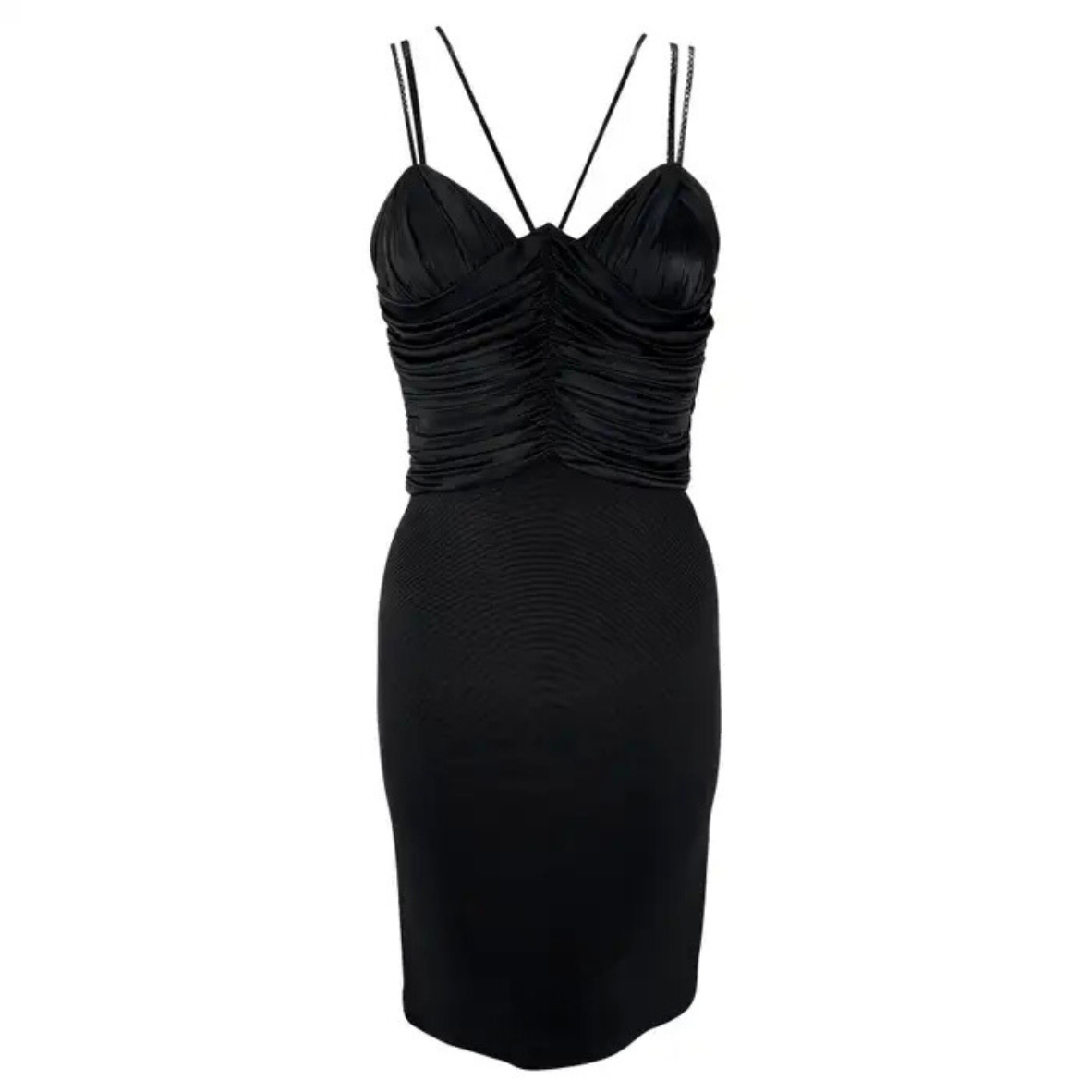 S/S 1995 Gianni Versace Black Ruched Bodyon Stretch Leather Strap Mini Dress