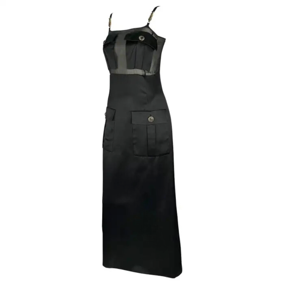 F/W 1996 Gianni Versace Runway Black Sheer Satin Rhinestone Medusa Pocket Gown