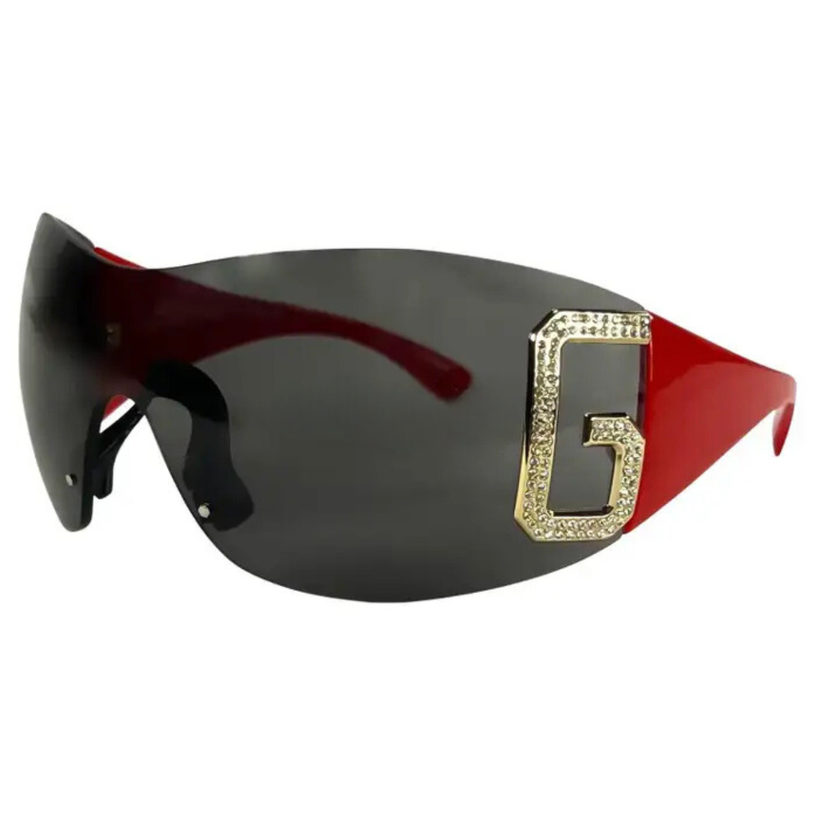Early 2000s Dolce & Gabbana Red Shield Rimless Rhinestone Sunglasses