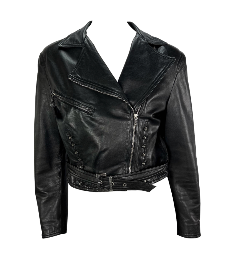 S/S 1995 Gianni Versace Corsetry Style Black Leather Cropped Leather Jacket