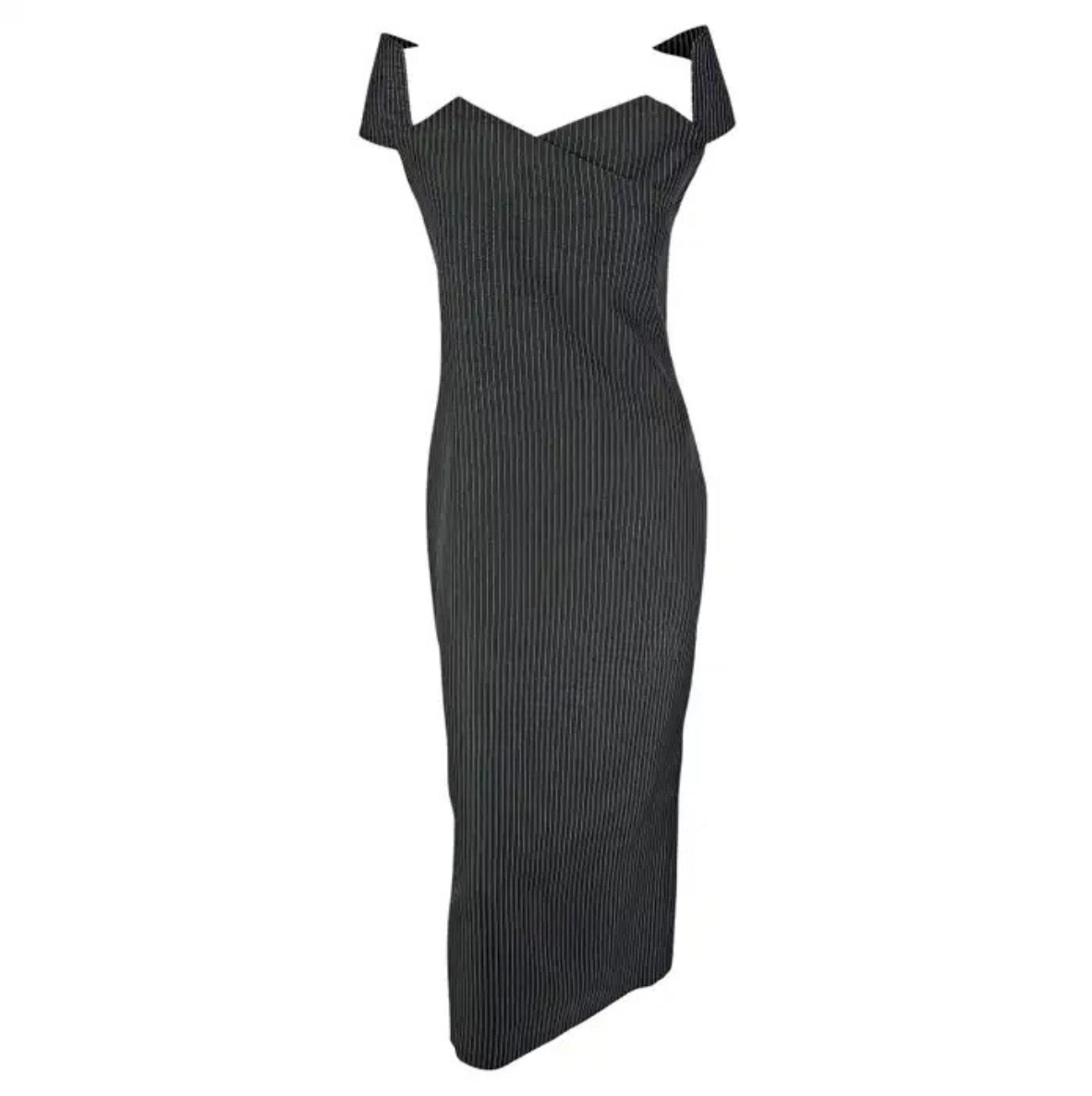 S/S 1996 Gianfranco Ferré Runway Grey Charcoal Pinstripe Off-Shoulder Dress