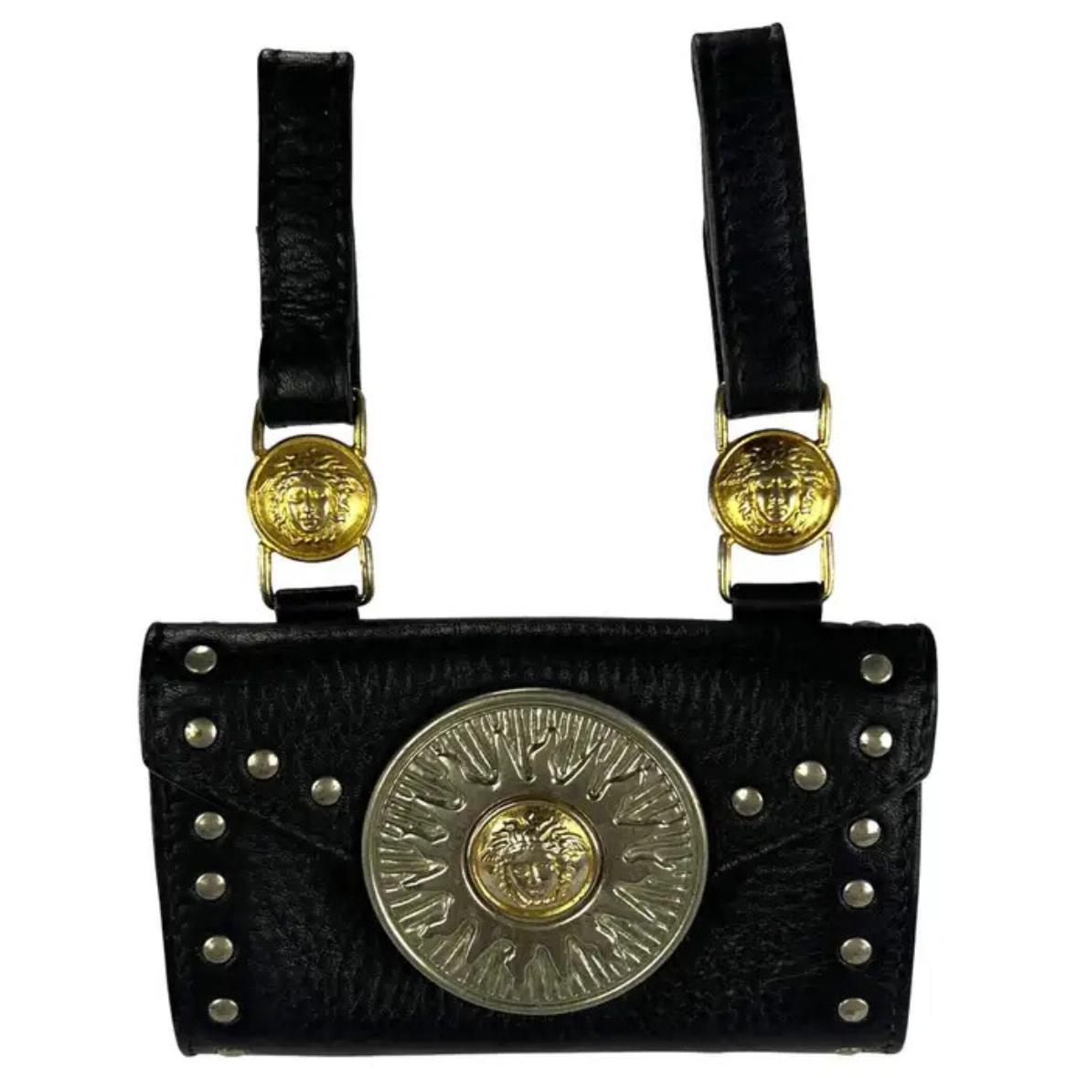 F/W 1994 Gianni Versace Black Leather Gold-Tone Medusa Medallion Belt Bag Pouch
