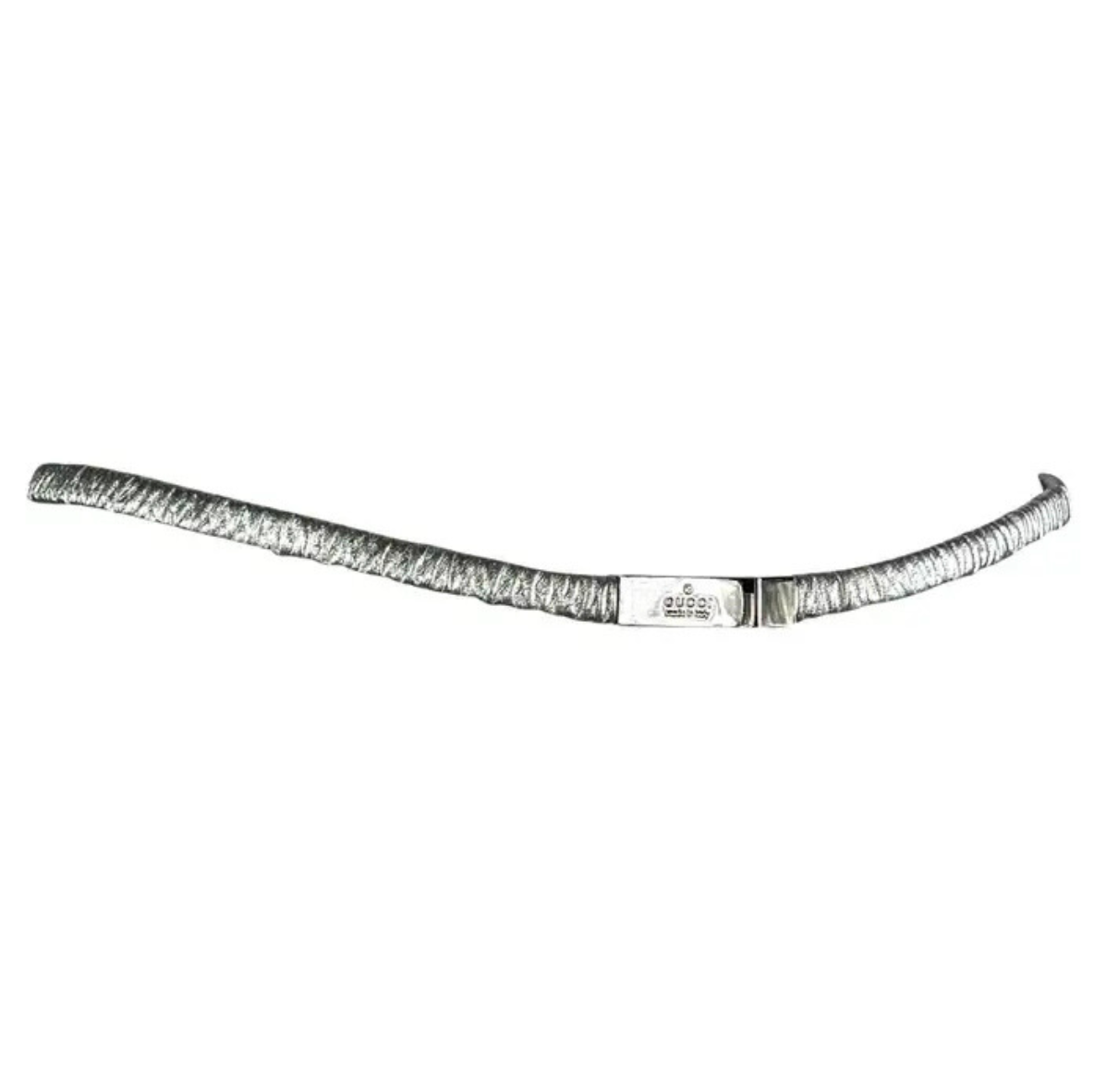 S/S 1999 Gucci by Tom Ford Runway Silver Elasticized Leather Logo Thin Belt