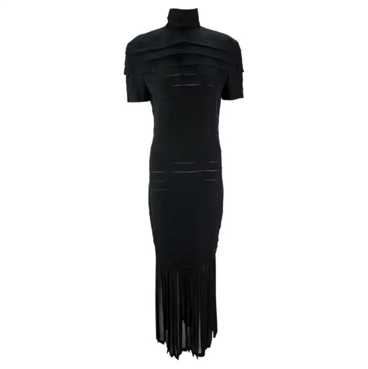 S/S 1987 Gianni Versace Runway Ad Black Pleated Sheer Slit Silk Gown