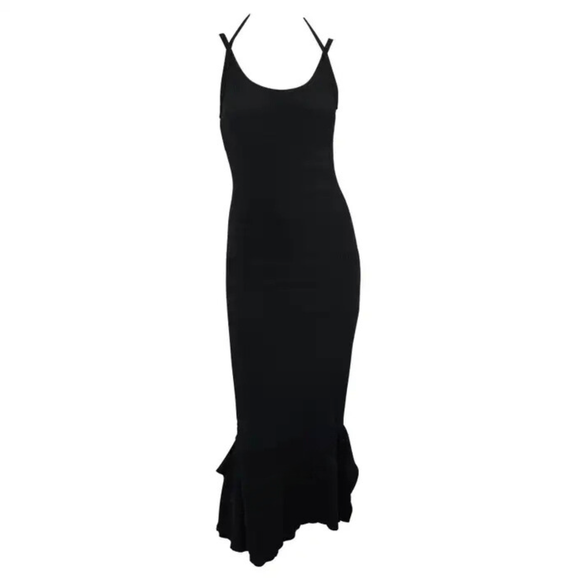 2000s Gianfranco Ferré Stretch Ribbed Knit Bodycon Flare Black Maxi Dress