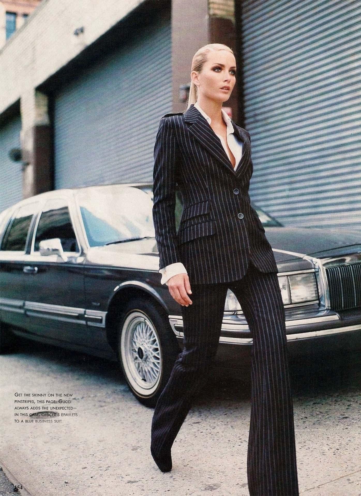 F/W 1996 Gucci by Tom Ford Runway Ad Black Wool Pinstripe Epaulet Pantsuit