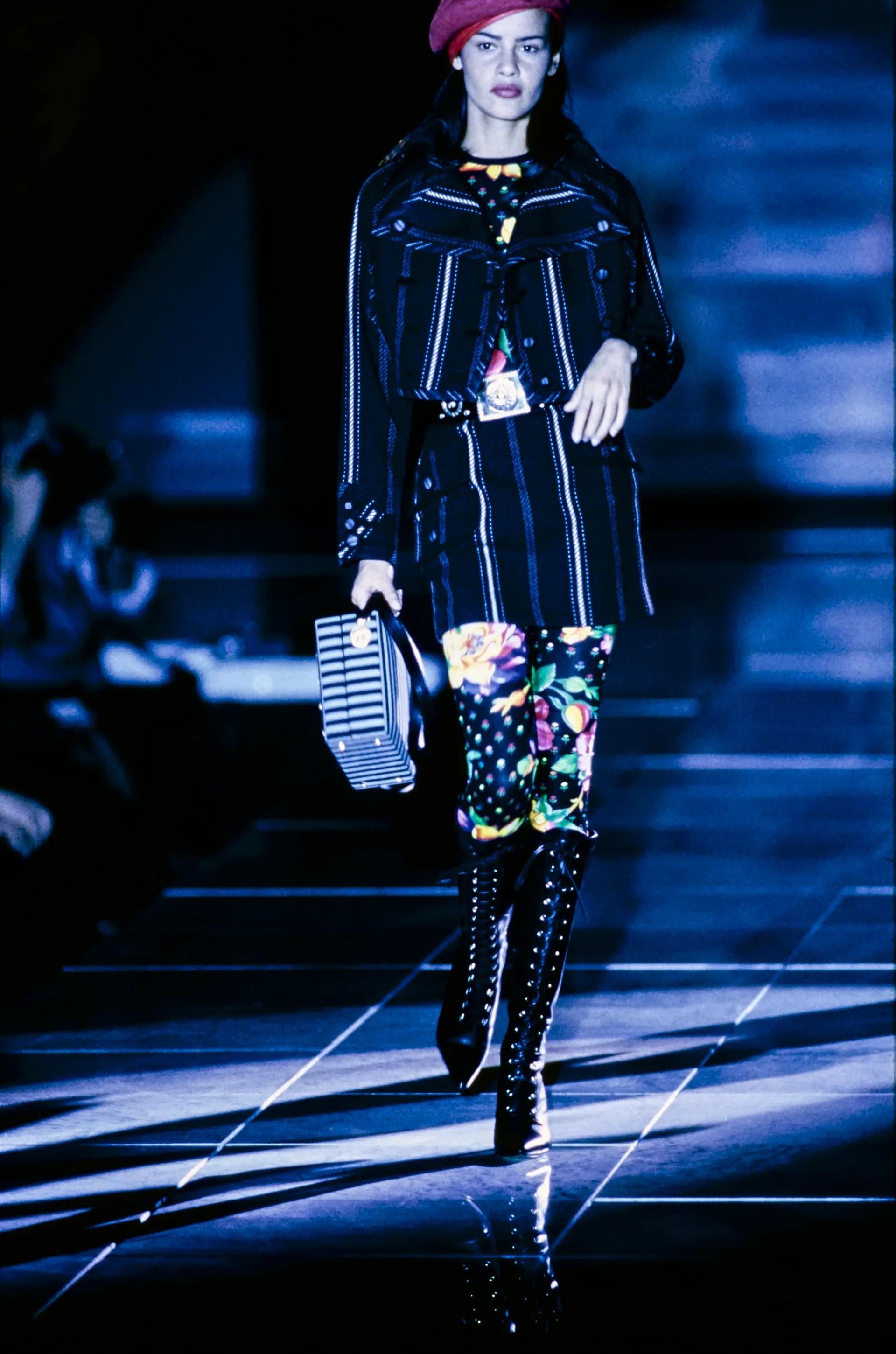 F/W 1993 Gianni Versace Black Grey Striped Cropped Runway Jacket