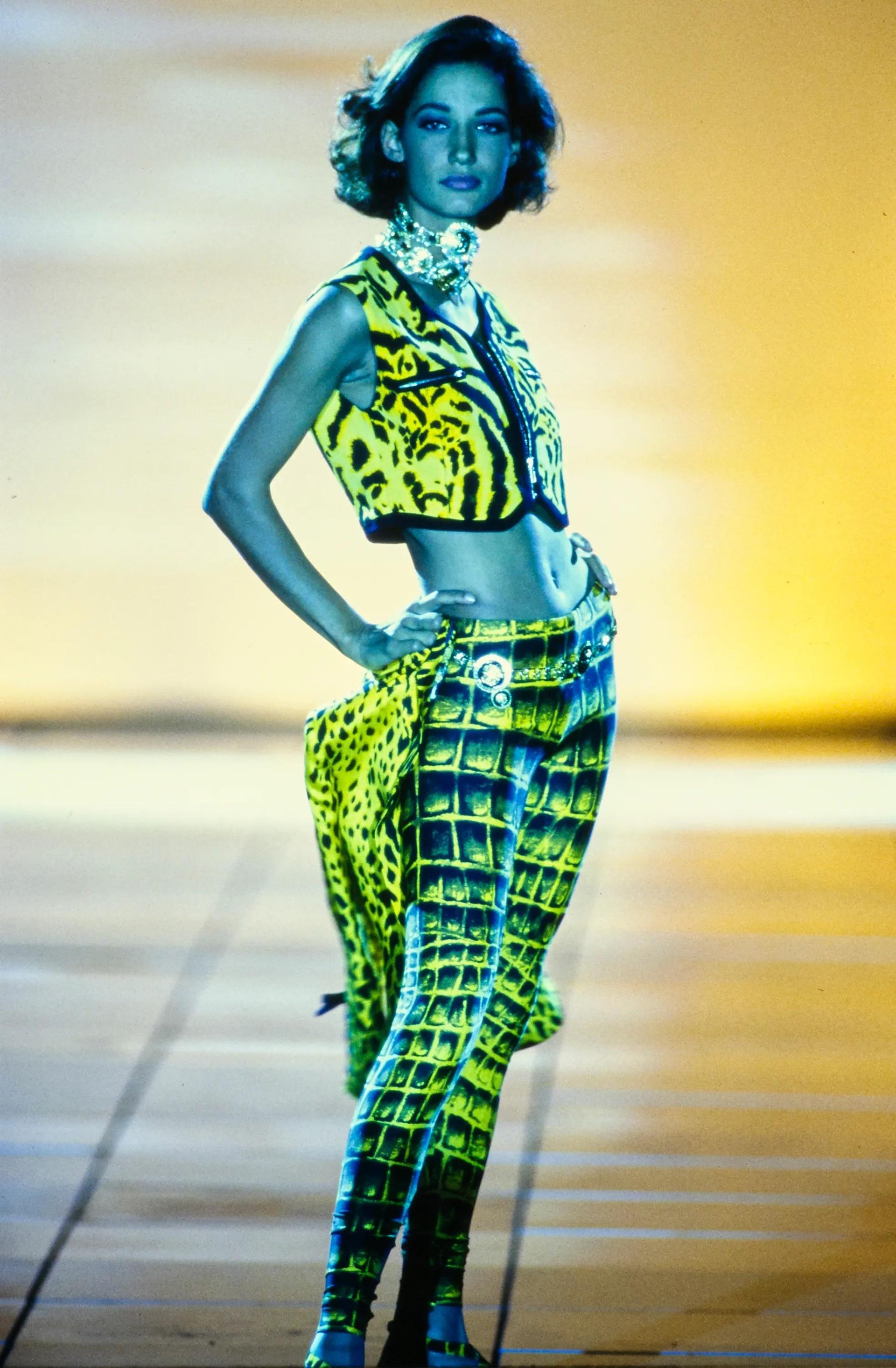S/S 1992 Gianni Versace Runway Yellow Black Crocodile Print Leggings Tights