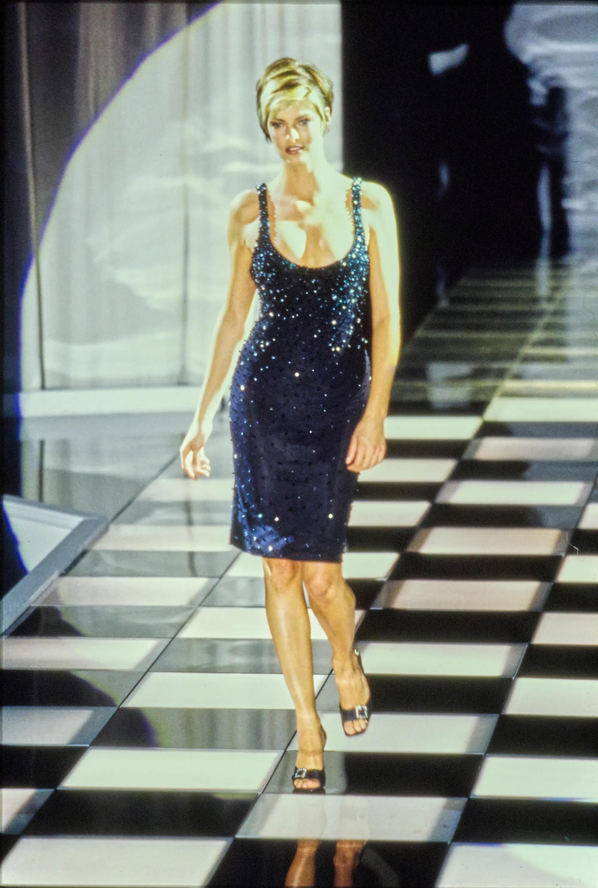 S/S 1996 Gianni Versace Black Beaded Sleeveless Bodycon Runway Dress