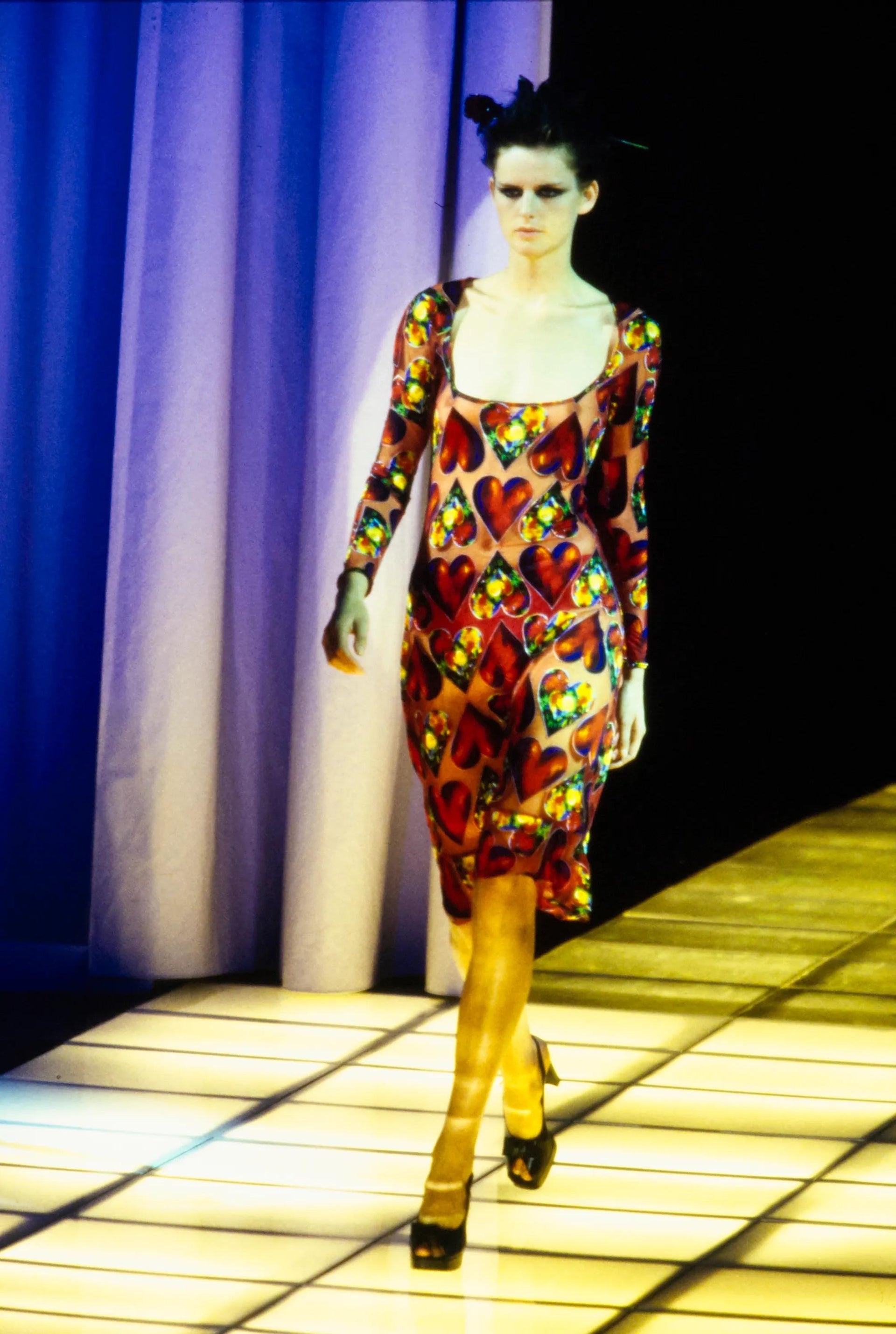 S/S 1997 Gianni Versace Runway Red Sheer Heart Print Bodycon Dress Slip Set