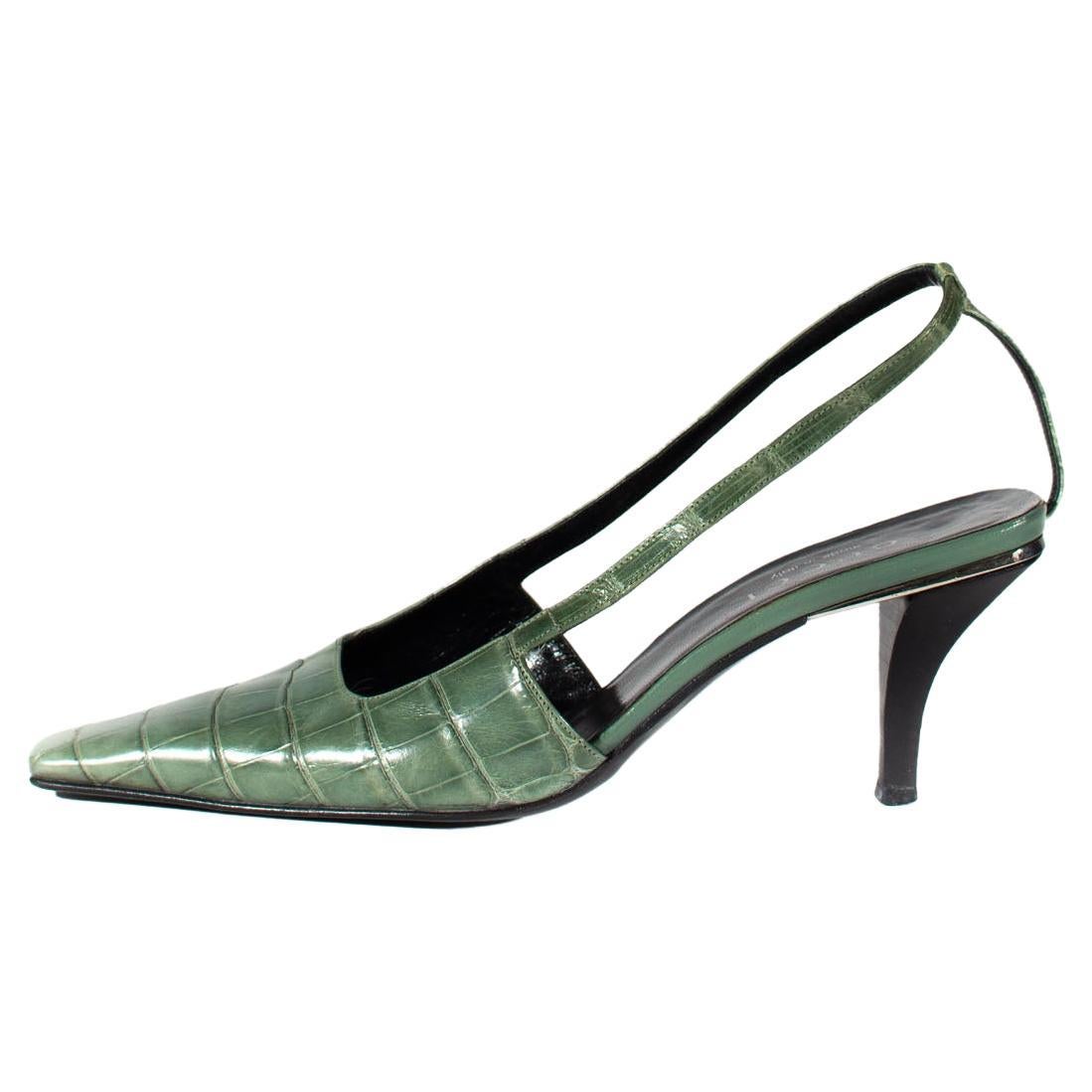 S/S 1998 Gucci by Tom Ford Light Green Alligator Kitten Heels Crystal G