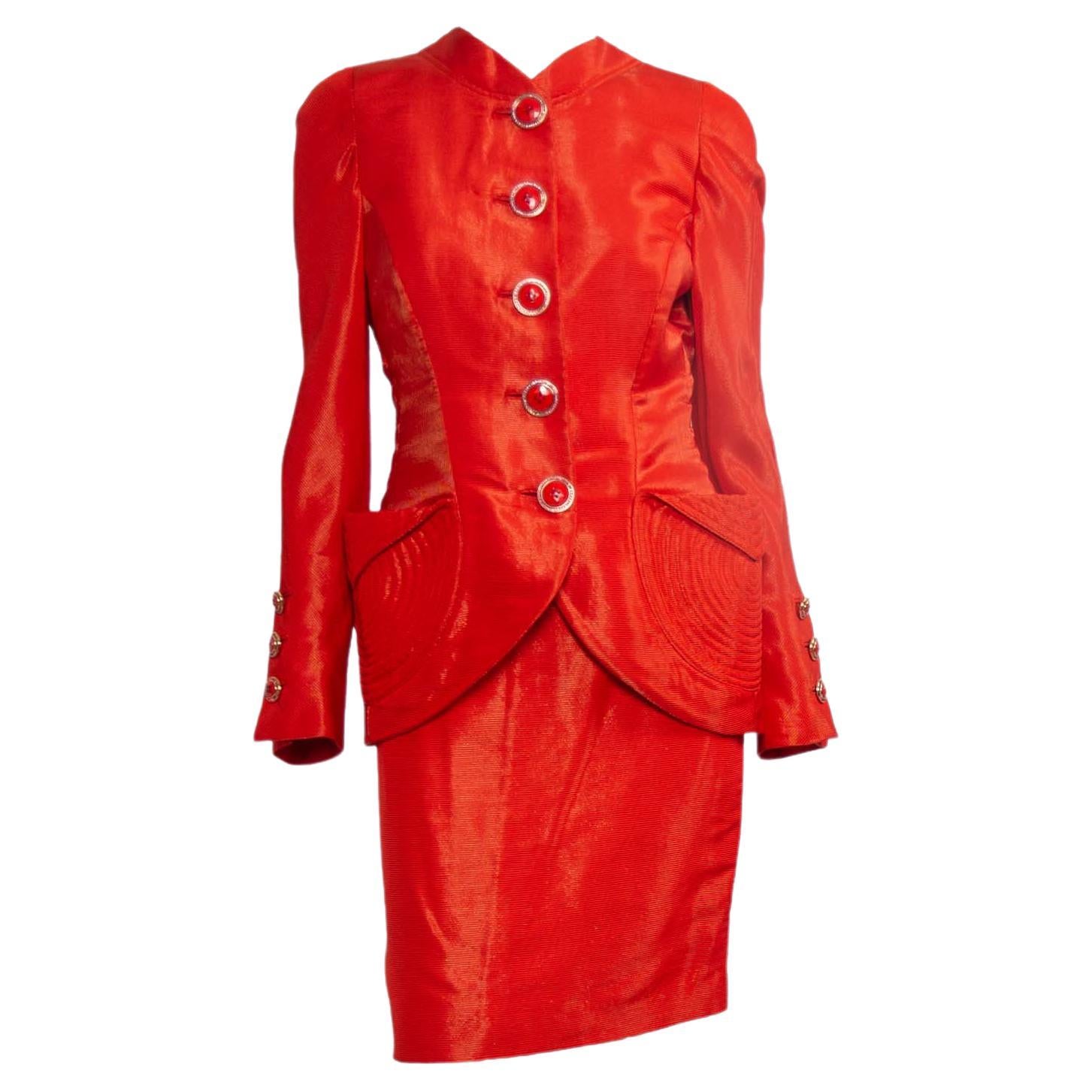 NWT S/S 1991 Gianni Versace Couture Orange Metallic Runway Skirt Suit