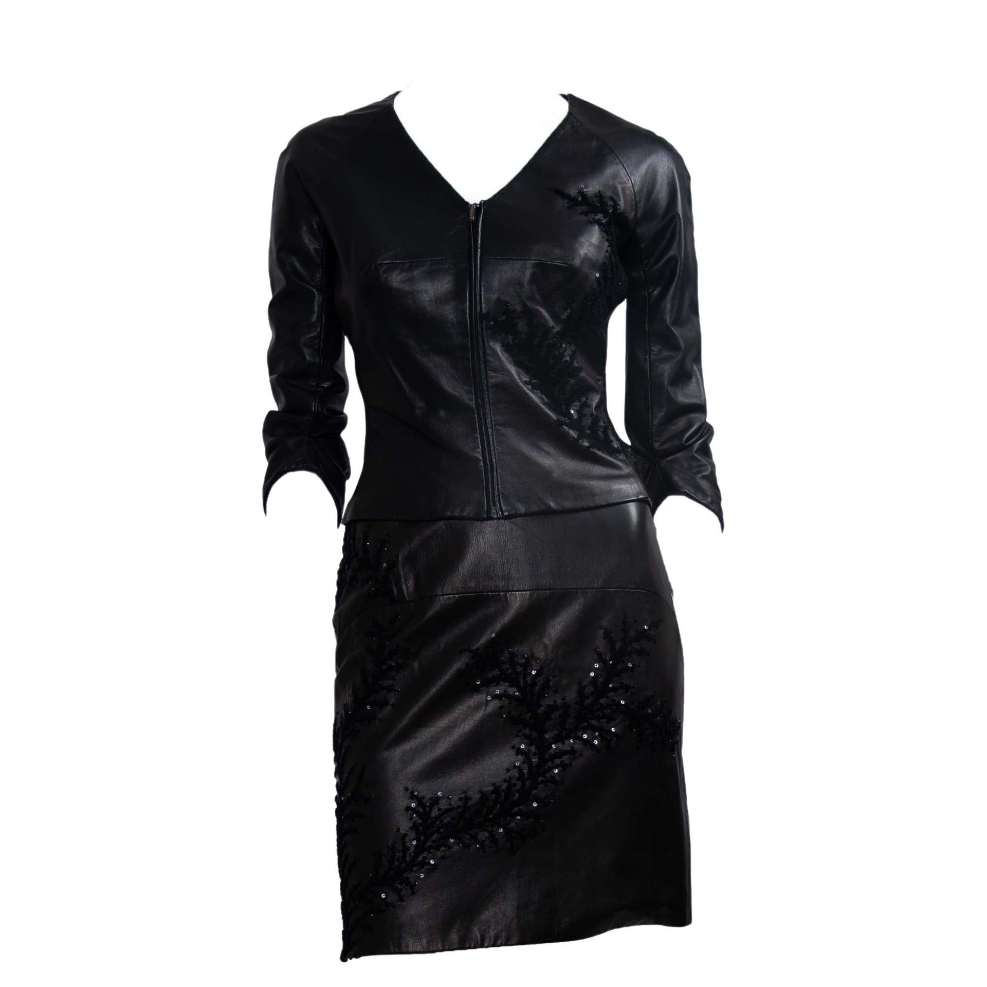 S/S 1999 Atelier Versace Runway Donatella Sequin Embroidered Leather Skirt Set