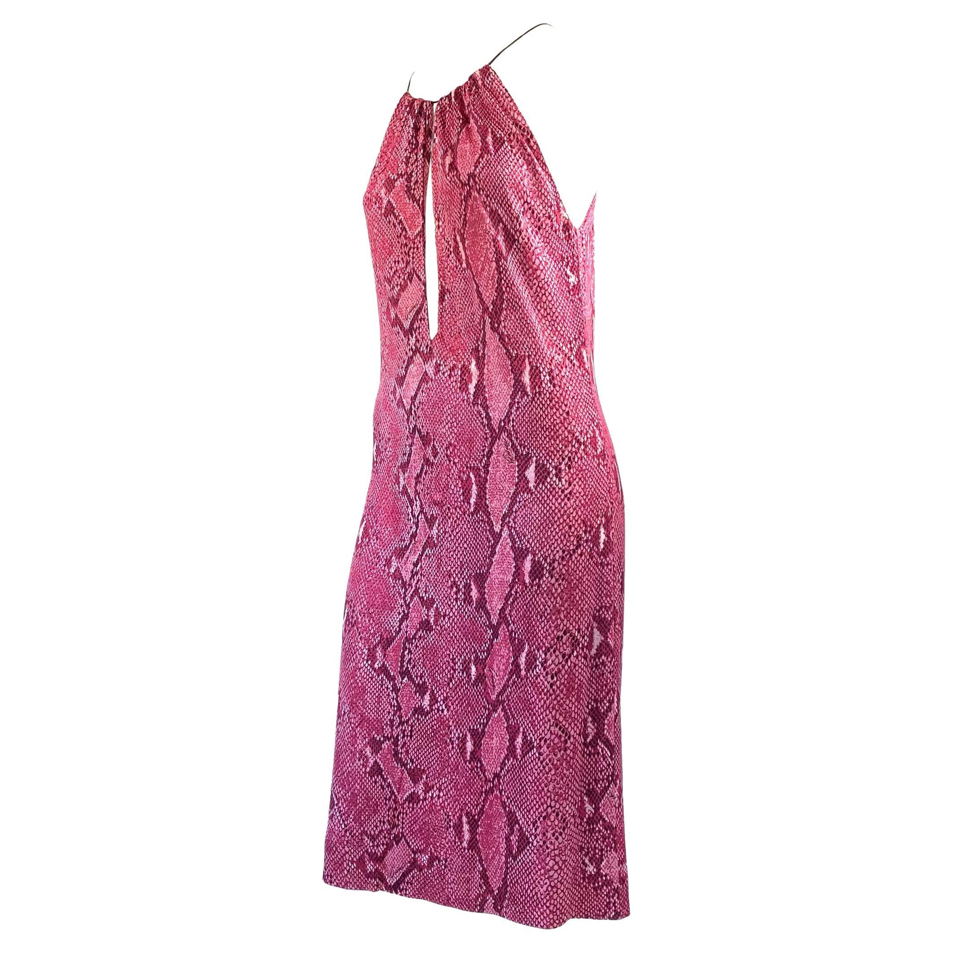 S/S 2000 Gucci by Tom Ford Pink Snake Print Viscose Leather Strap Plunging Dress
