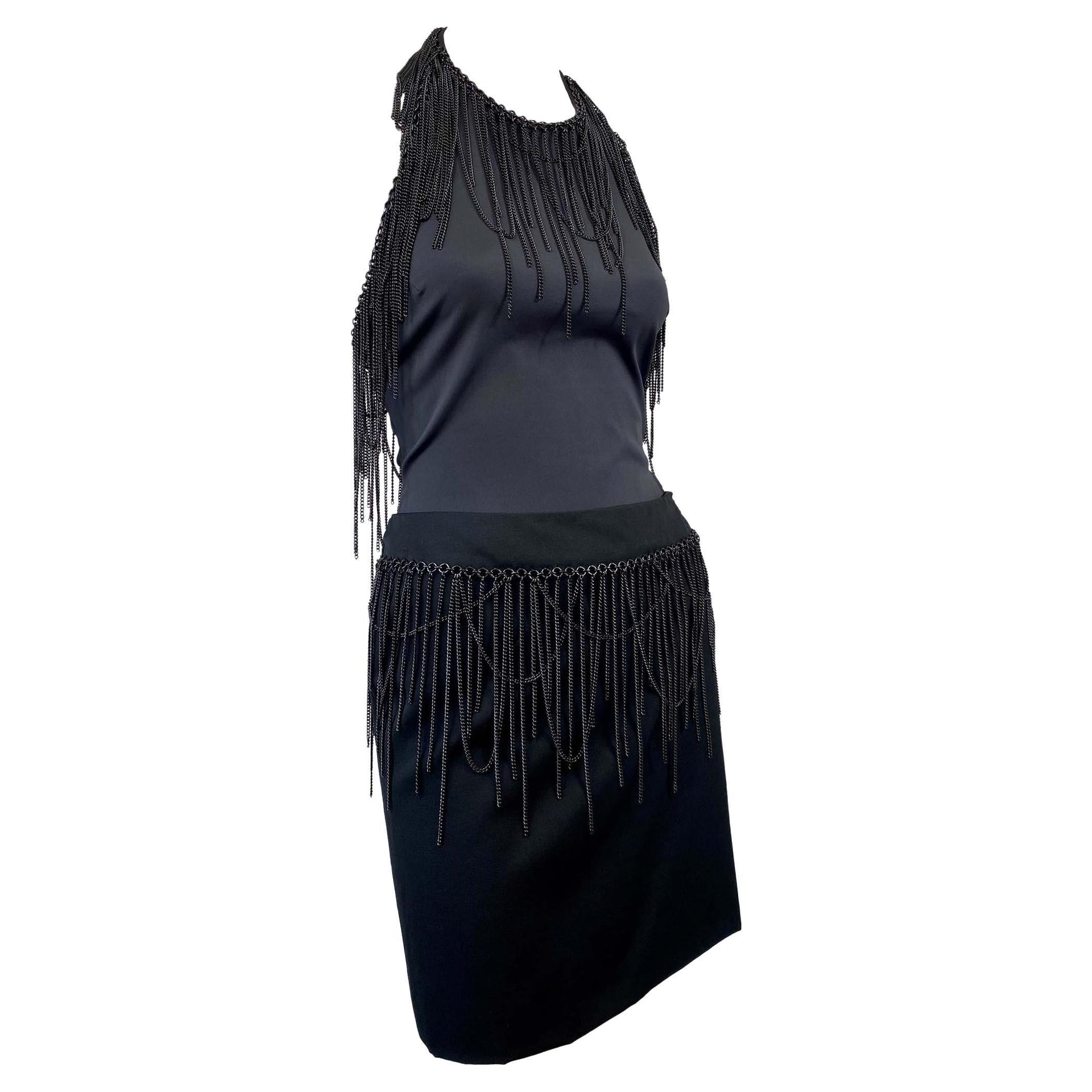 F/W 2003 Versace by Donatella Black Halter Tank Top Fringe Chain Skirt Set