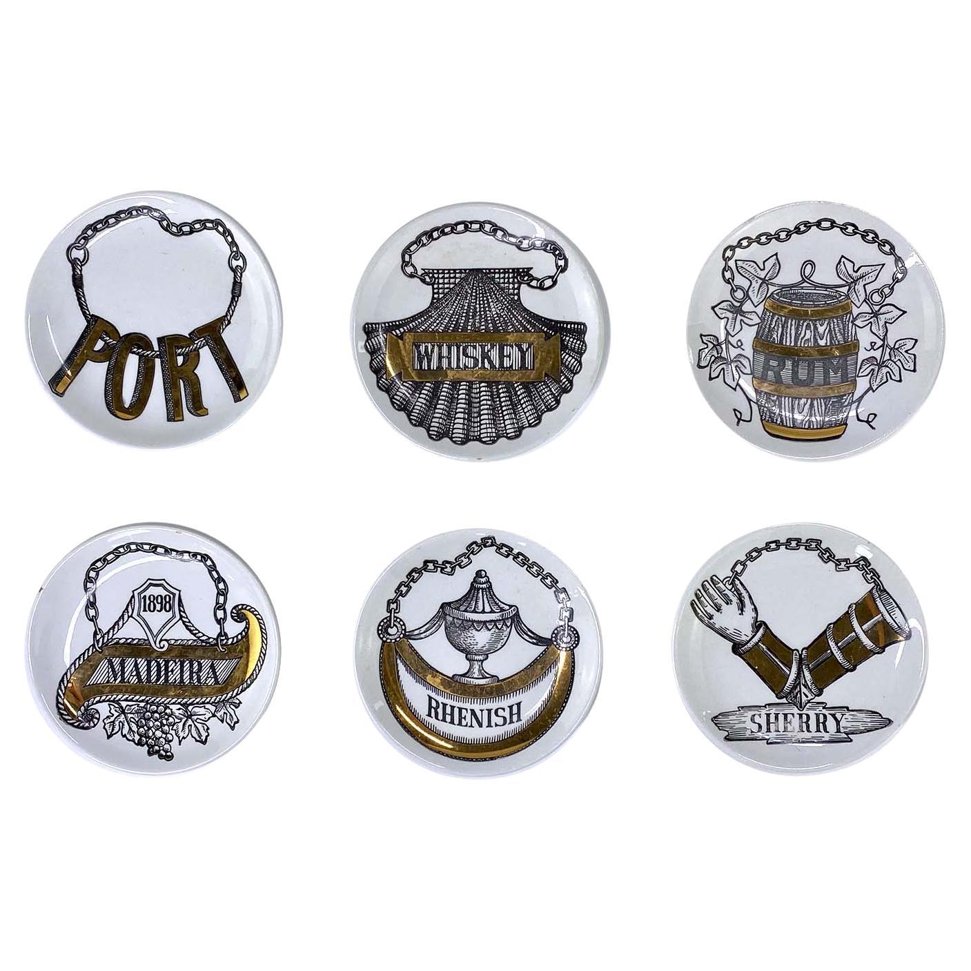 Fornasetti Liquor Themed Six Piece 3" Coaster Set - 'Vini e Liquori'