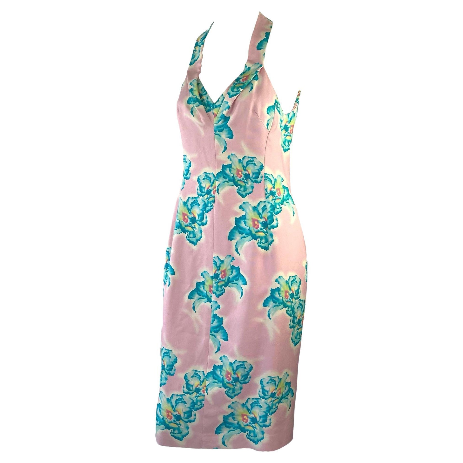 S/S 1999 Gianni Versace by Donatella Pink Halter Neck Blue Floral Dress