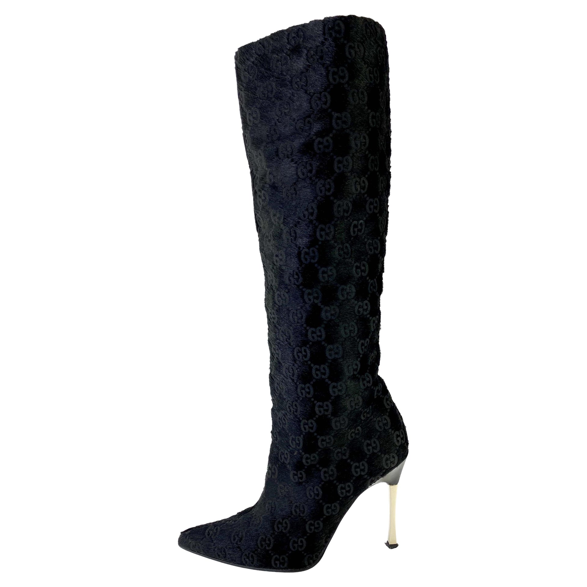 F/W 1997 Gucci by Tom Ford Runway GG Black Pony Hair Metal Heel Boots 37C