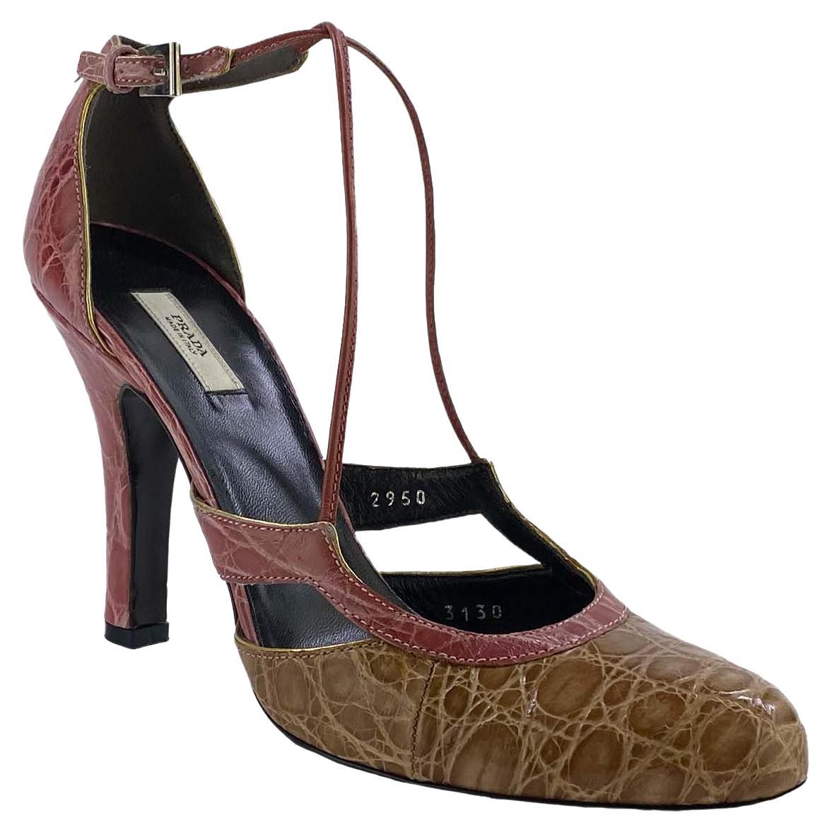 2000s Prada Pink Beige Alligator Pumps 3.5" Heel