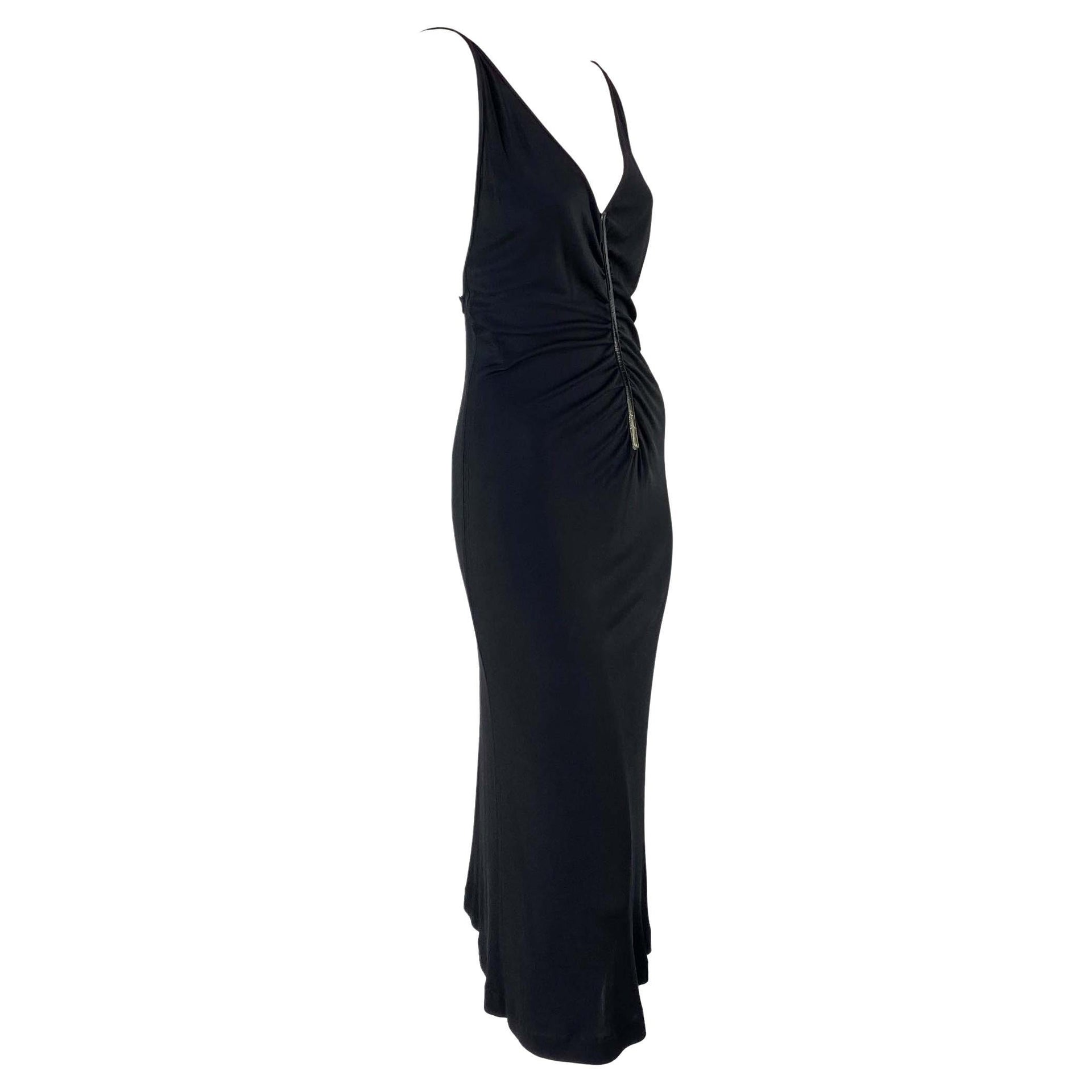F/W 1999 Gucci by Tom Ford Backless Ruched Viscose Patent Leather Trim Dress