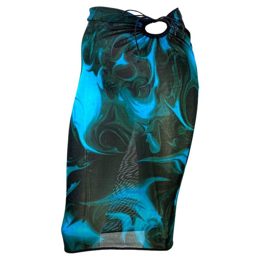 S/S 2001 Gucci by Tom Ford Blue Green Liquid Magma Print Sheer Knit Tie Skirt