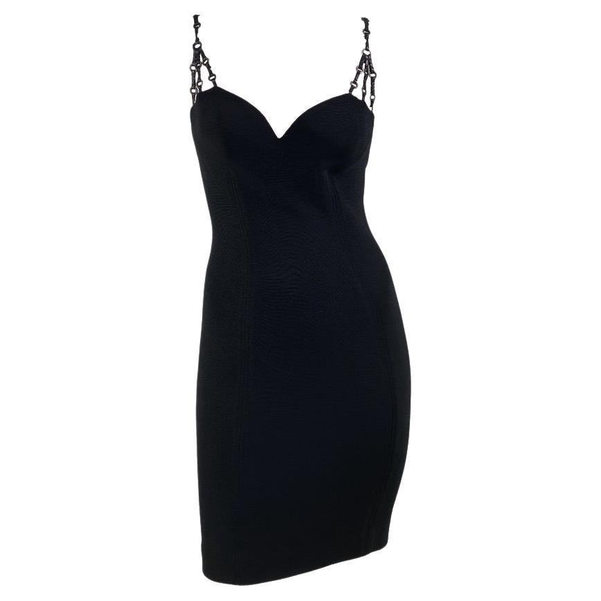 S/S 1995 Gianni Versace Couture Black Bodycon Stretch Dress Leather Metal Ring