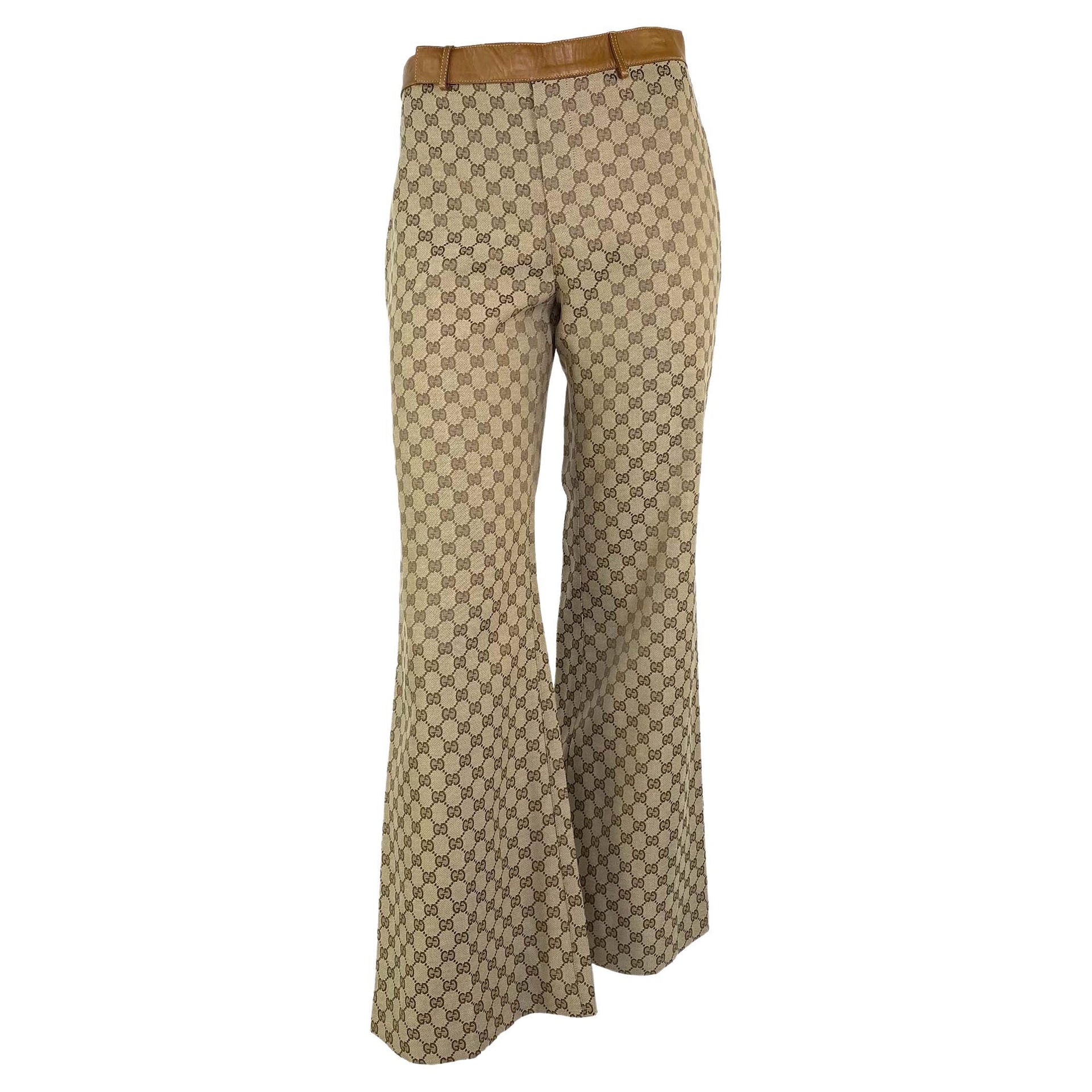 F/W 2000 Gucci by Tom Ford GG Monogram Leather Trimmed Wide Leg Pants Y2K