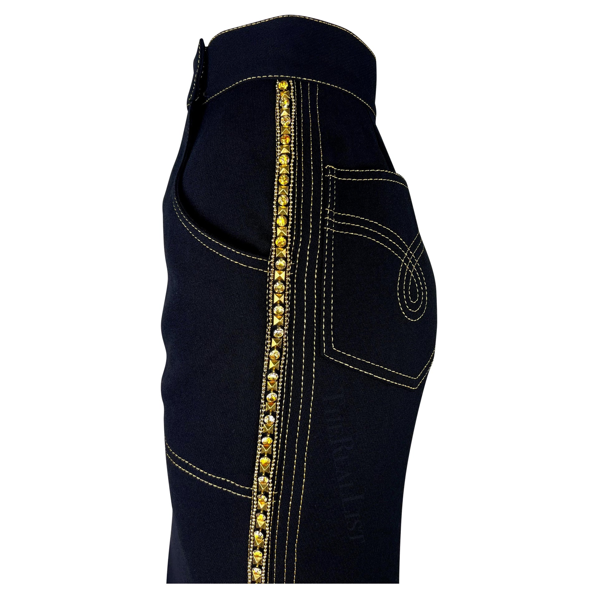 F/W 1992 Gianni Versace Runway Ad Rhinestone Gold Slit Full Length Skirt