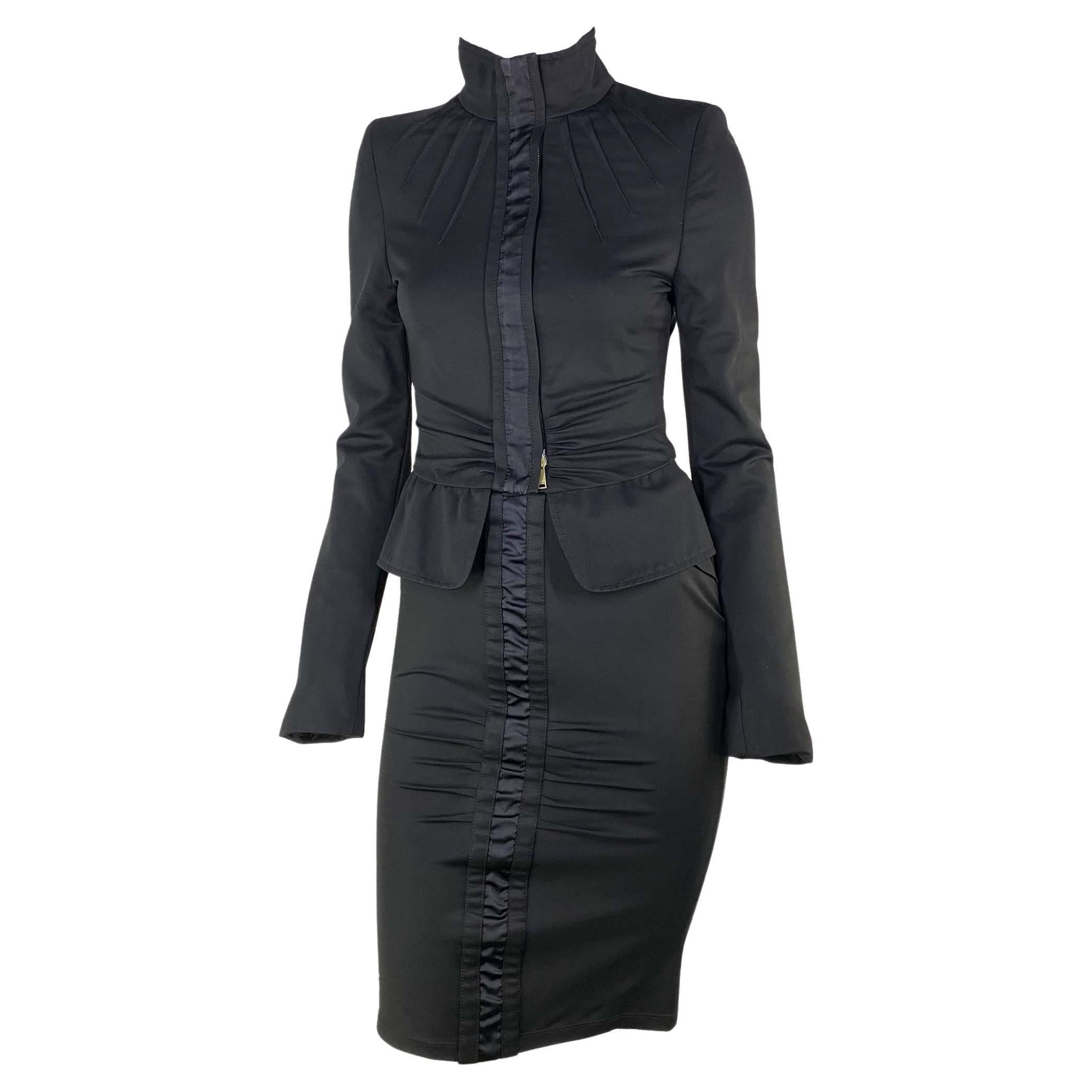 F/W 2004 Gucci by Tom Ford Runway Black Satin Trim Stretch Ruched Skirt Set