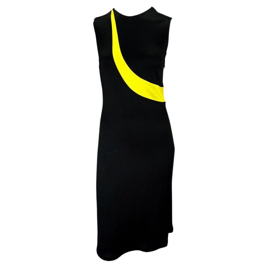 1997 Gianni Versace Black Stretch Knit Blue Yellow Stripe Sleeveless Dress