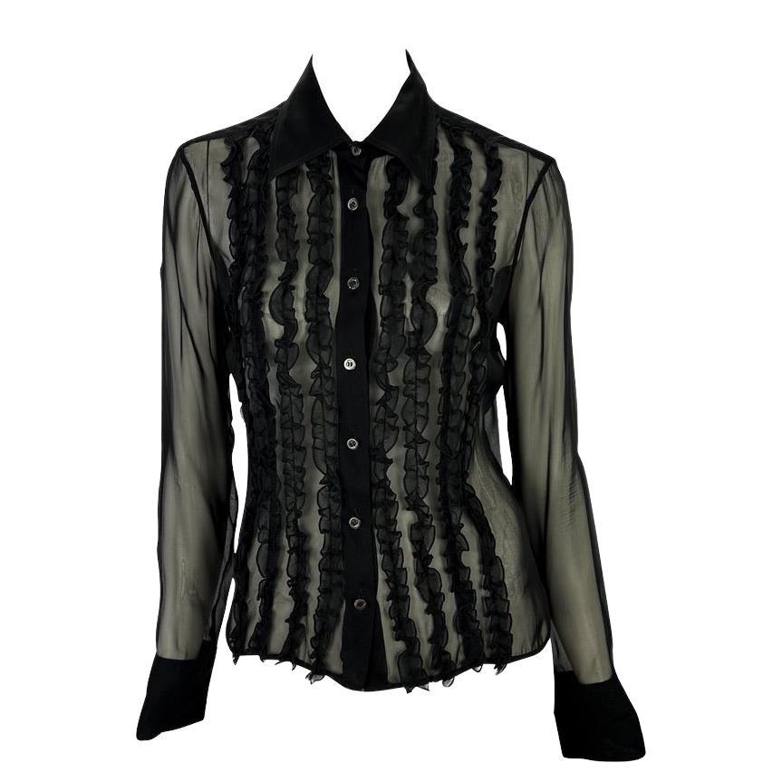 S/S 1999 Gucci by Tom Ford Sheer Silk Ruffle Collared Button Down Shirt