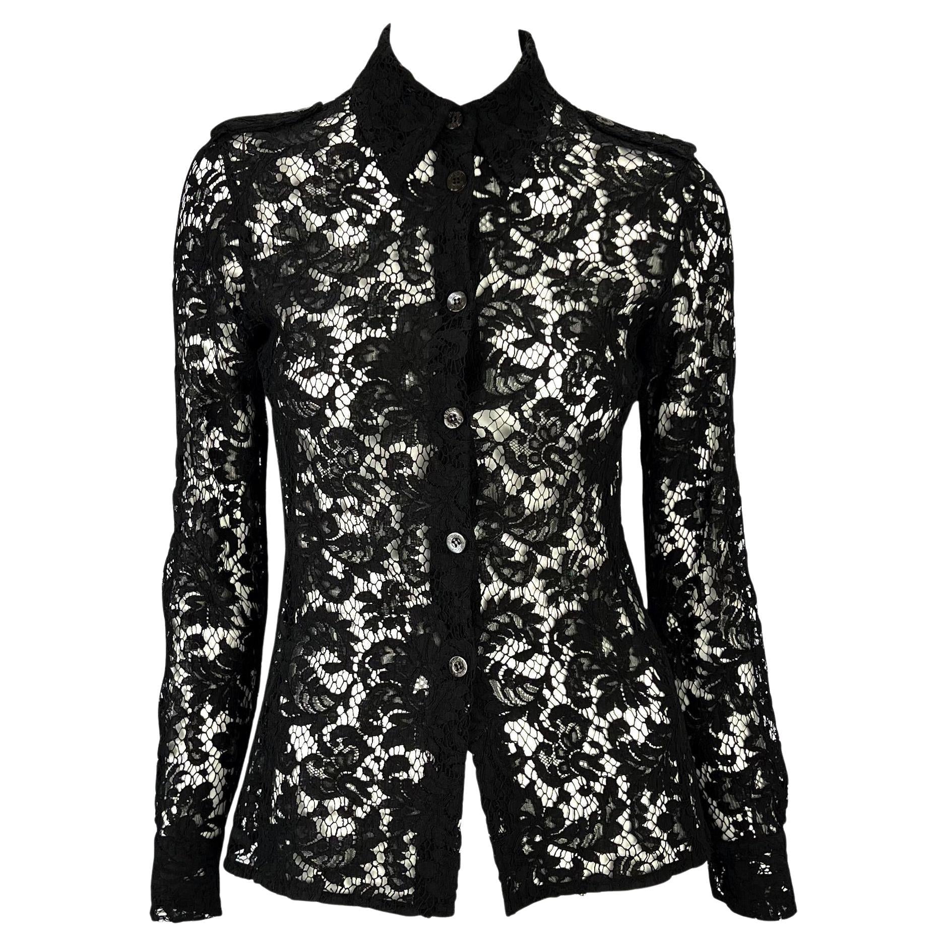 S/S 1996 Gucci by Tom Ford Runway Sheer Black Lace Button Up Top