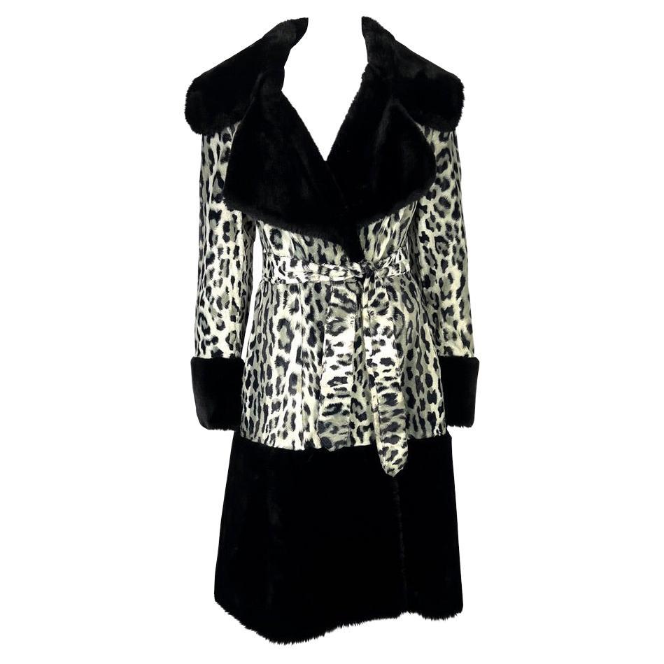 Mid 1990s Dolce & Gabbana White Leopard Print Black Faux Fur Wrap Coat